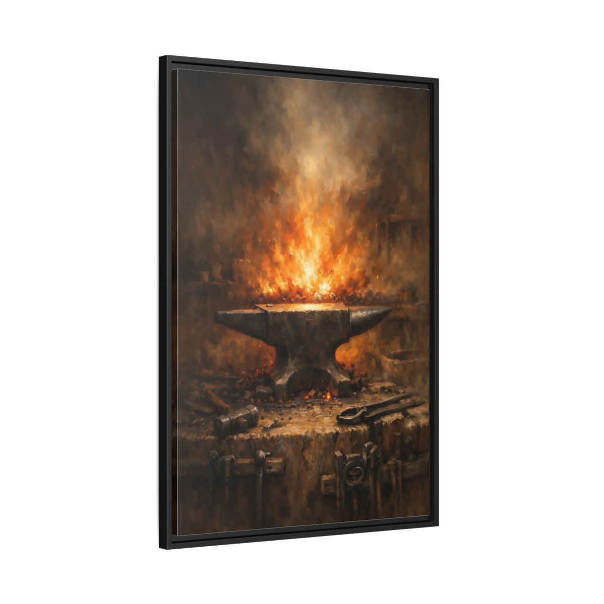 Side Mockup 13. Vintage Anvil Fiery Anvil Forge shown as stretched canvas wall art