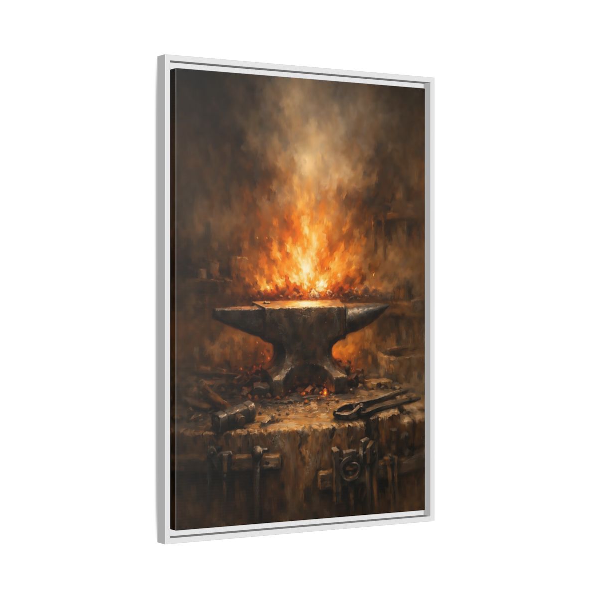 Side Mockup 9. Vintage Anvil Fiery Anvil Forge shown as stretched canvas wall art