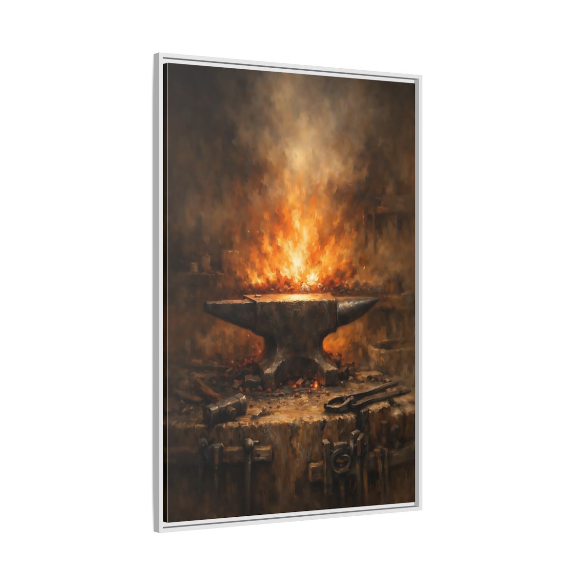 Side Mockup 7. Vintage Anvil Fiery Anvil Forge shown as stretched canvas wall art