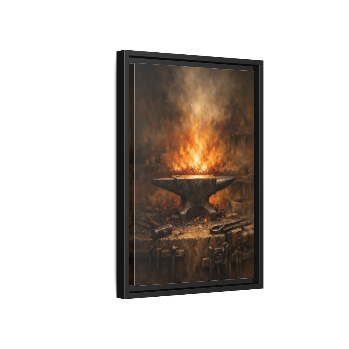 Side Mockup 6. Vintage Anvil Fiery Anvil Forge shown as stretched canvas wall art