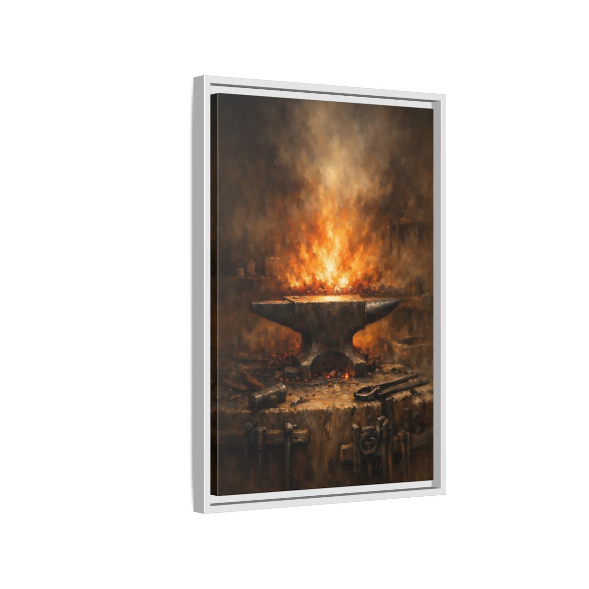 Side Mockup 1. Vintage Anvil Fiery Anvil Forge shown as stretched canvas wall art
