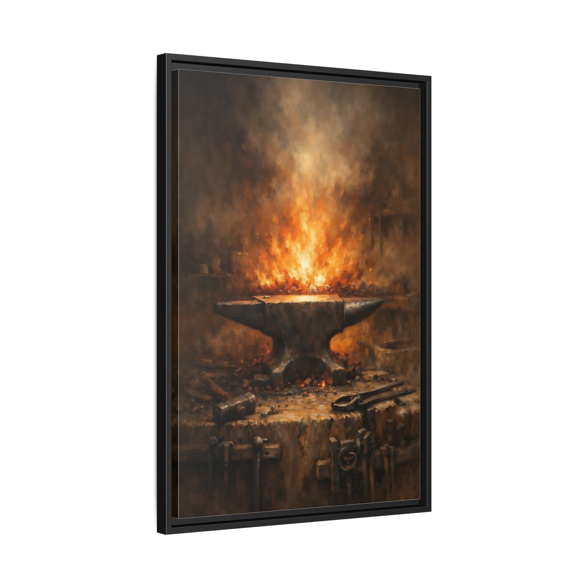 Side Mockup 14. Vintage Anvil Fiery Anvil Forge shown as stretched canvas wall art
