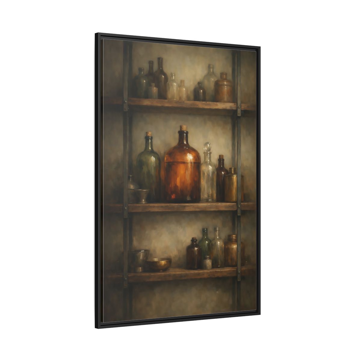Main Mockup. Vintage Apothecary Jars Brown And Green shown as stretched canvas wall art