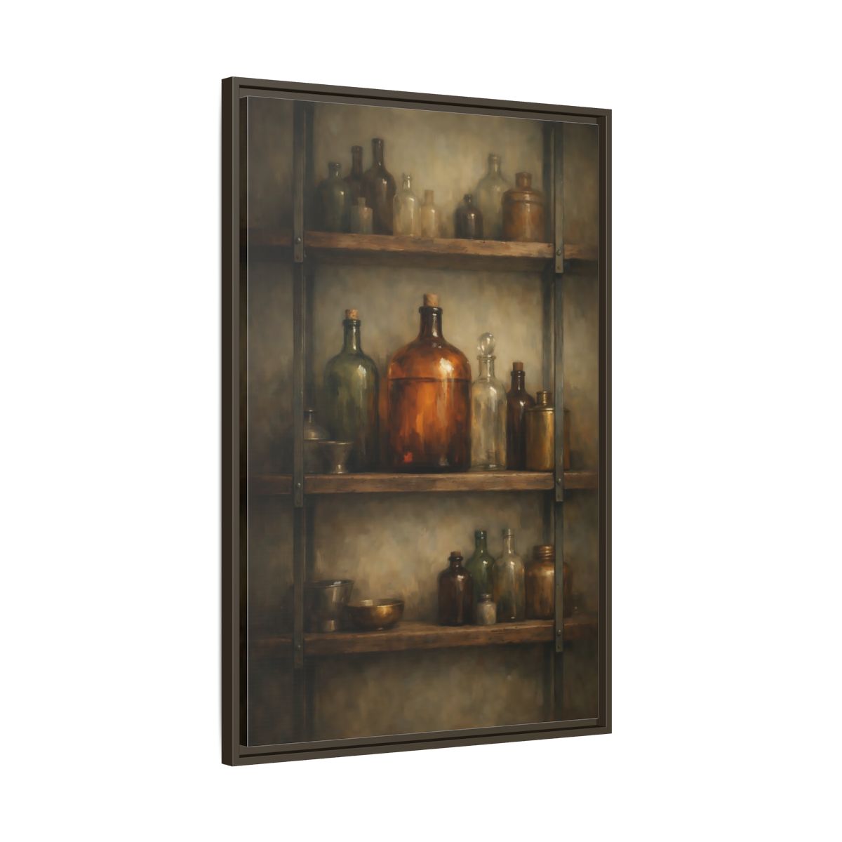 Side Mockup 10. Vintage Apothecary Jars Brown And Green shown as stretched canvas wall art