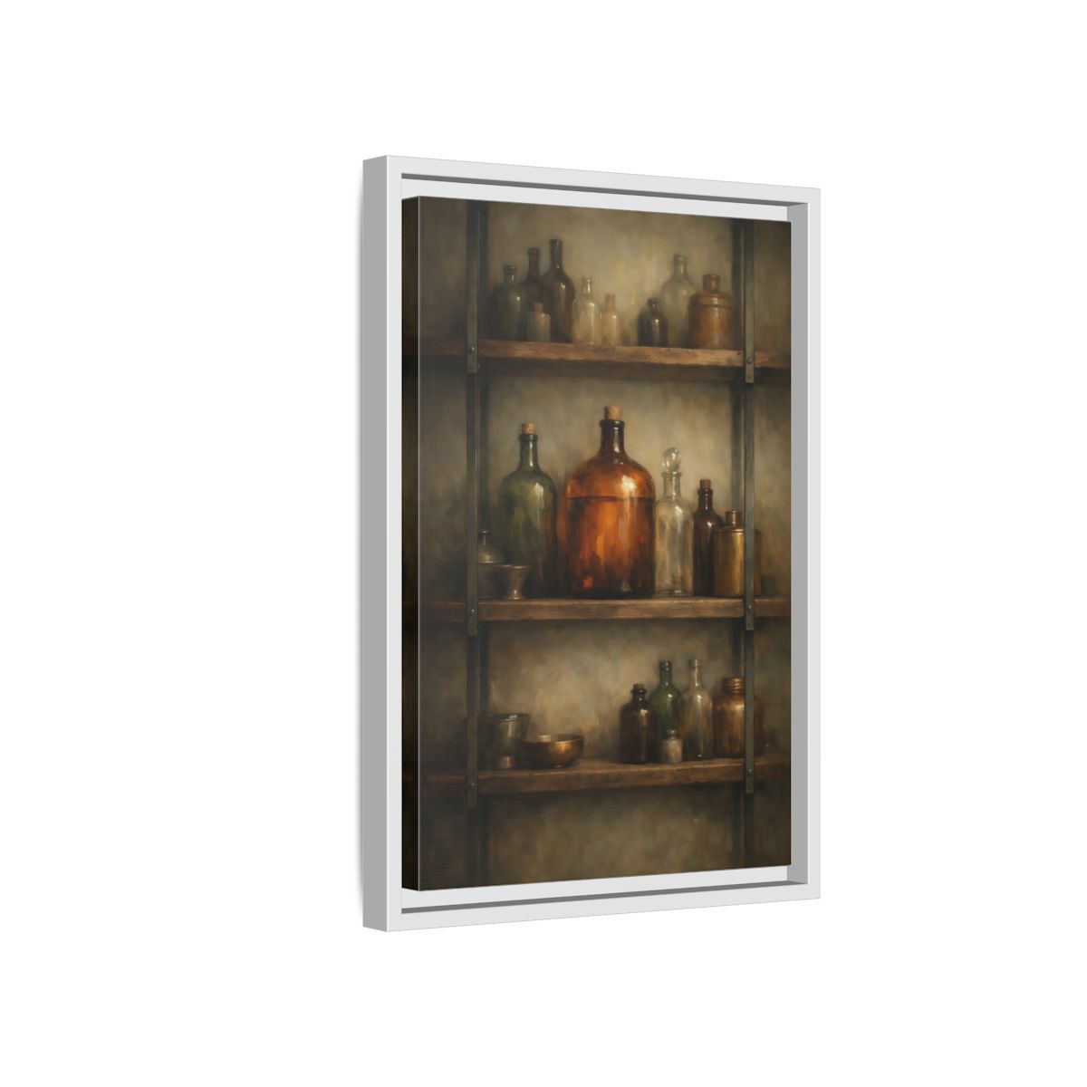 Side Mockup 4. Vintage Apothecary Jars Brown And Green shown as stretched canvas wall art