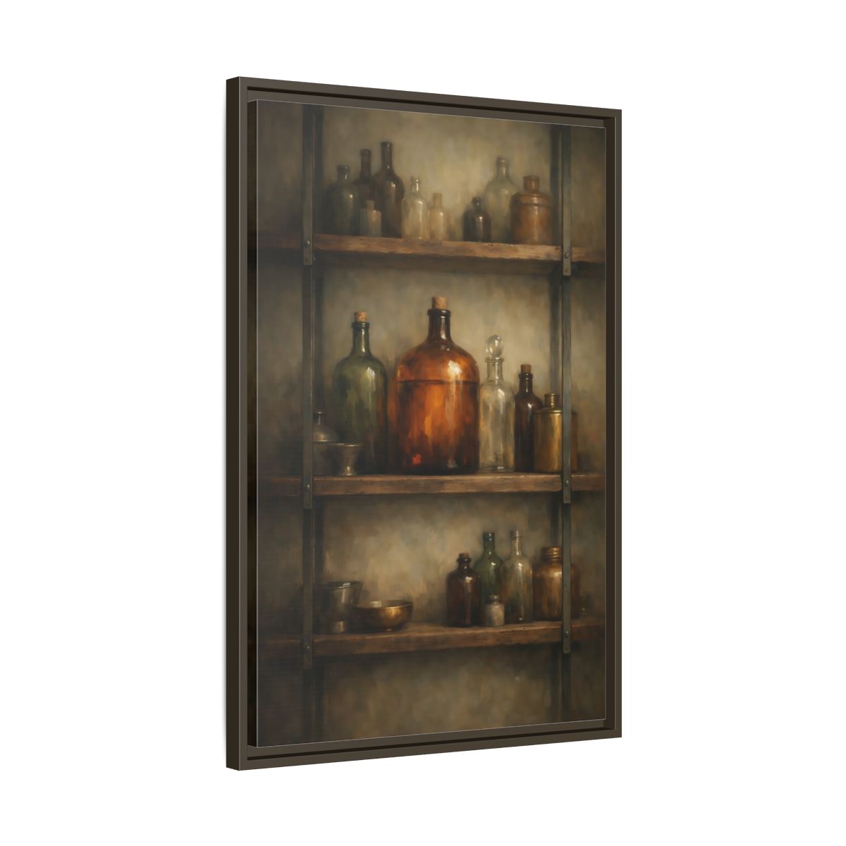 Side Mockup 12. Vintage Apothecary Jars Brown And Green shown as stretched canvas wall art