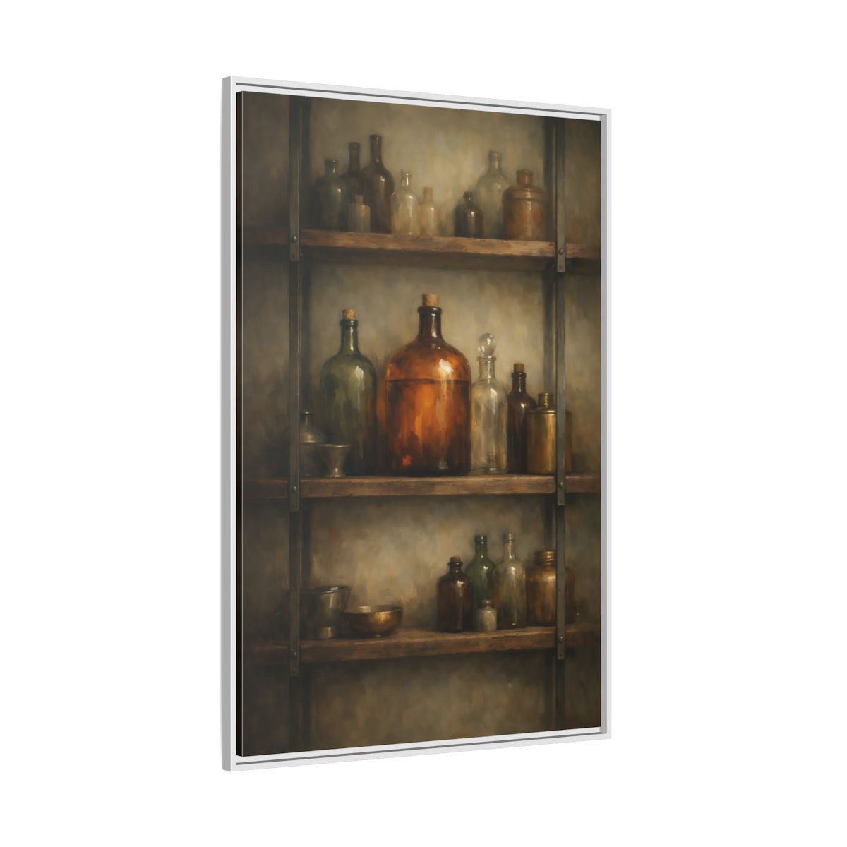 Side Mockup 7. Vintage Apothecary Jars Brown And Green shown as stretched canvas wall art