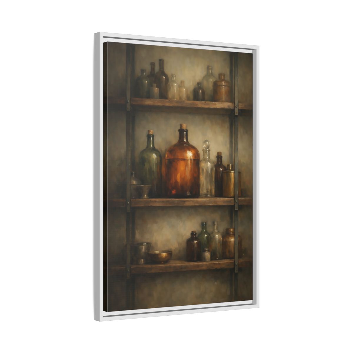 Side Mockup 11. Vintage Apothecary Jars Brown And Green shown as stretched canvas wall art