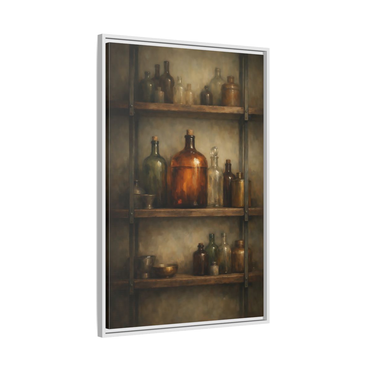 Side Mockup 9. Vintage Apothecary Jars Brown And Green shown as stretched canvas wall art