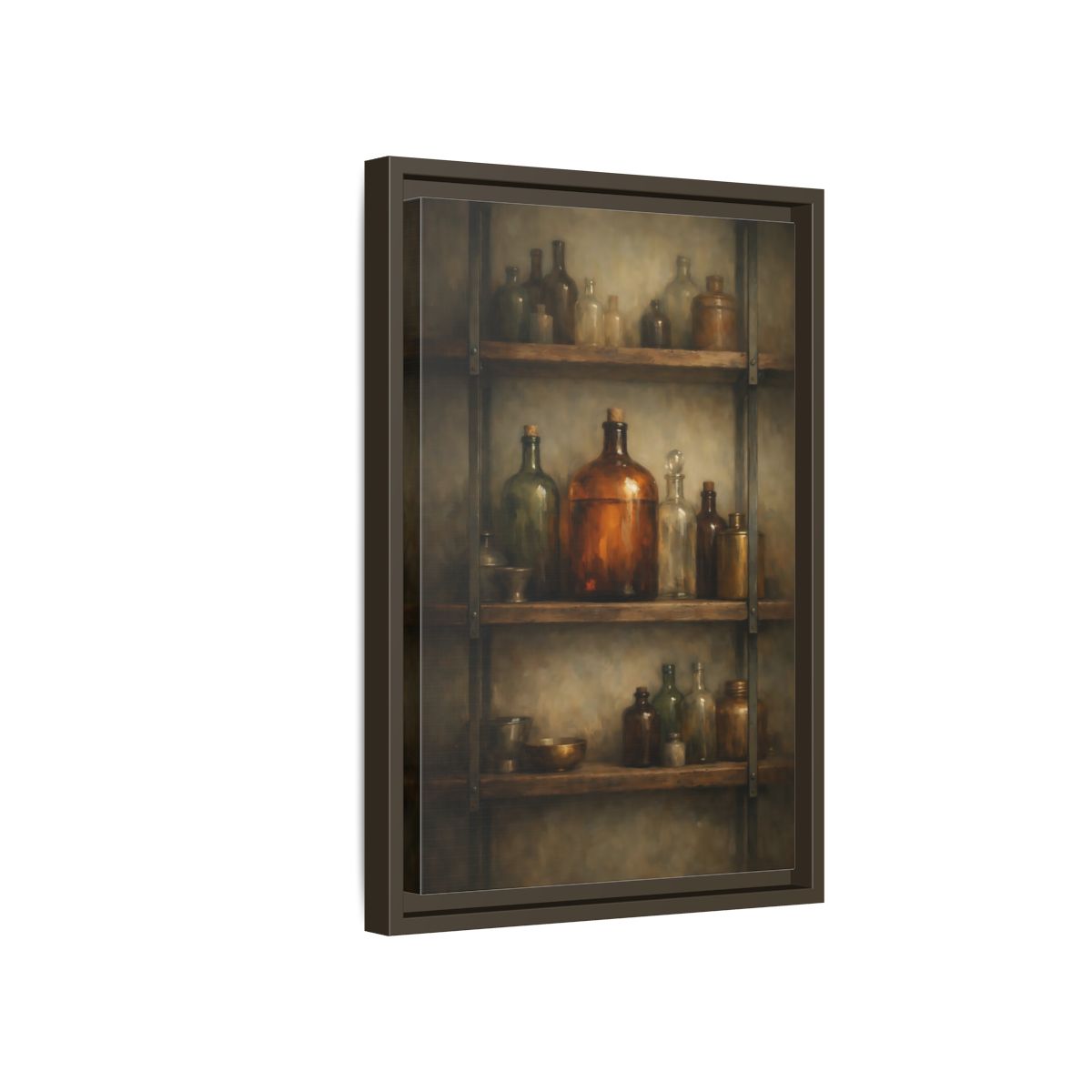 Side Mockup 5. Vintage Apothecary Jars Brown And Green shown as stretched canvas wall art