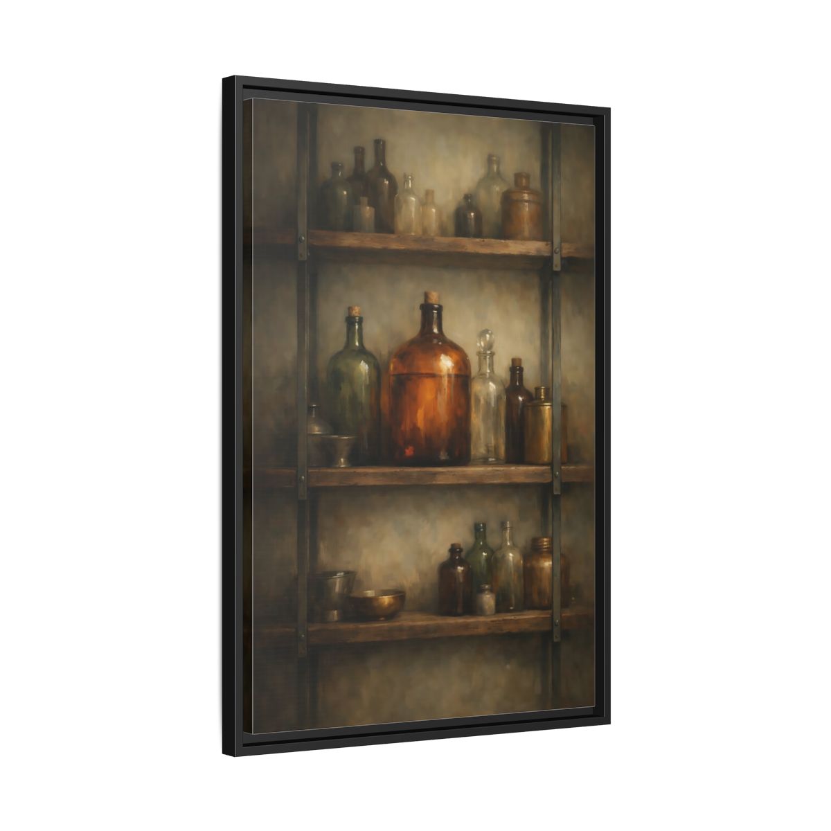 Side Mockup 14. Vintage Apothecary Jars Brown And Green shown as stretched canvas wall art
