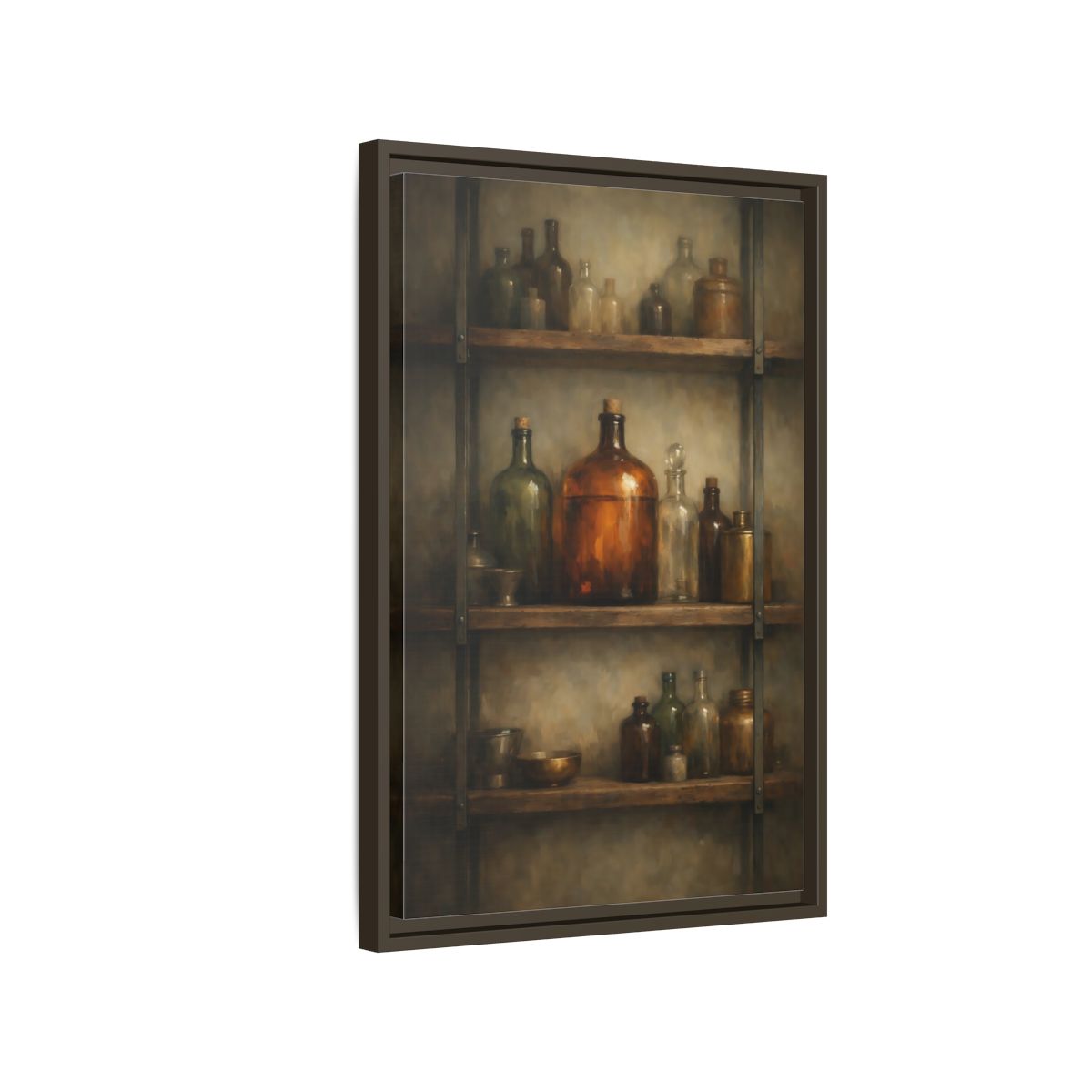 Side Mockup 2. Vintage Apothecary Jars Brown And Green shown as stretched canvas wall art