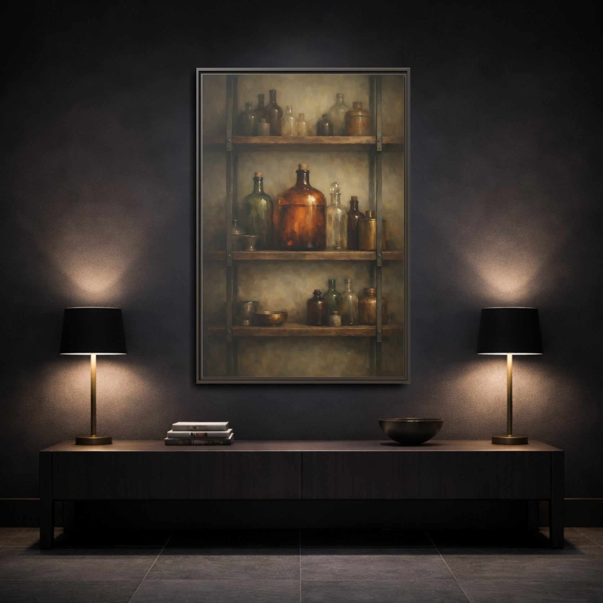 Mockup 2. Vintage Apothecary Jars Brown And Green shown as stretched canvas wall art