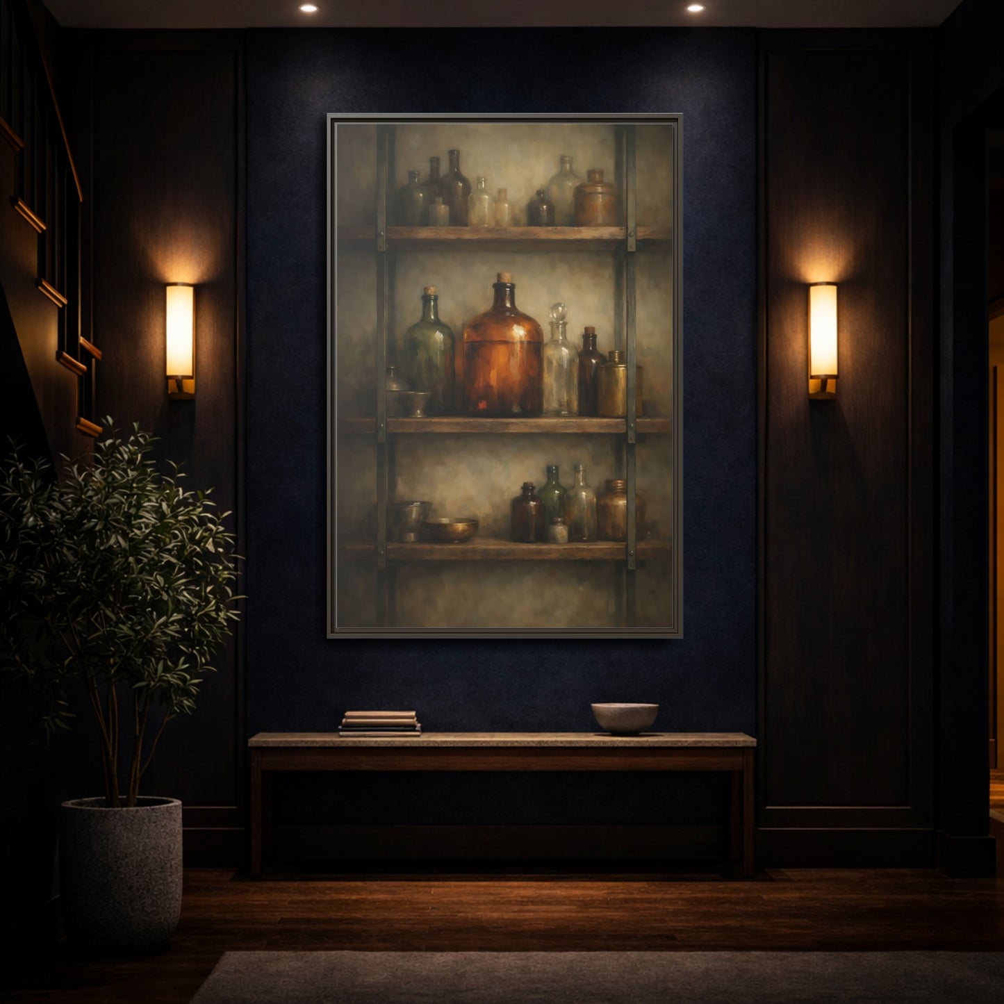 Mockup 3. Vintage Apothecary Jars Brown And Green shown as stretched canvas wall art