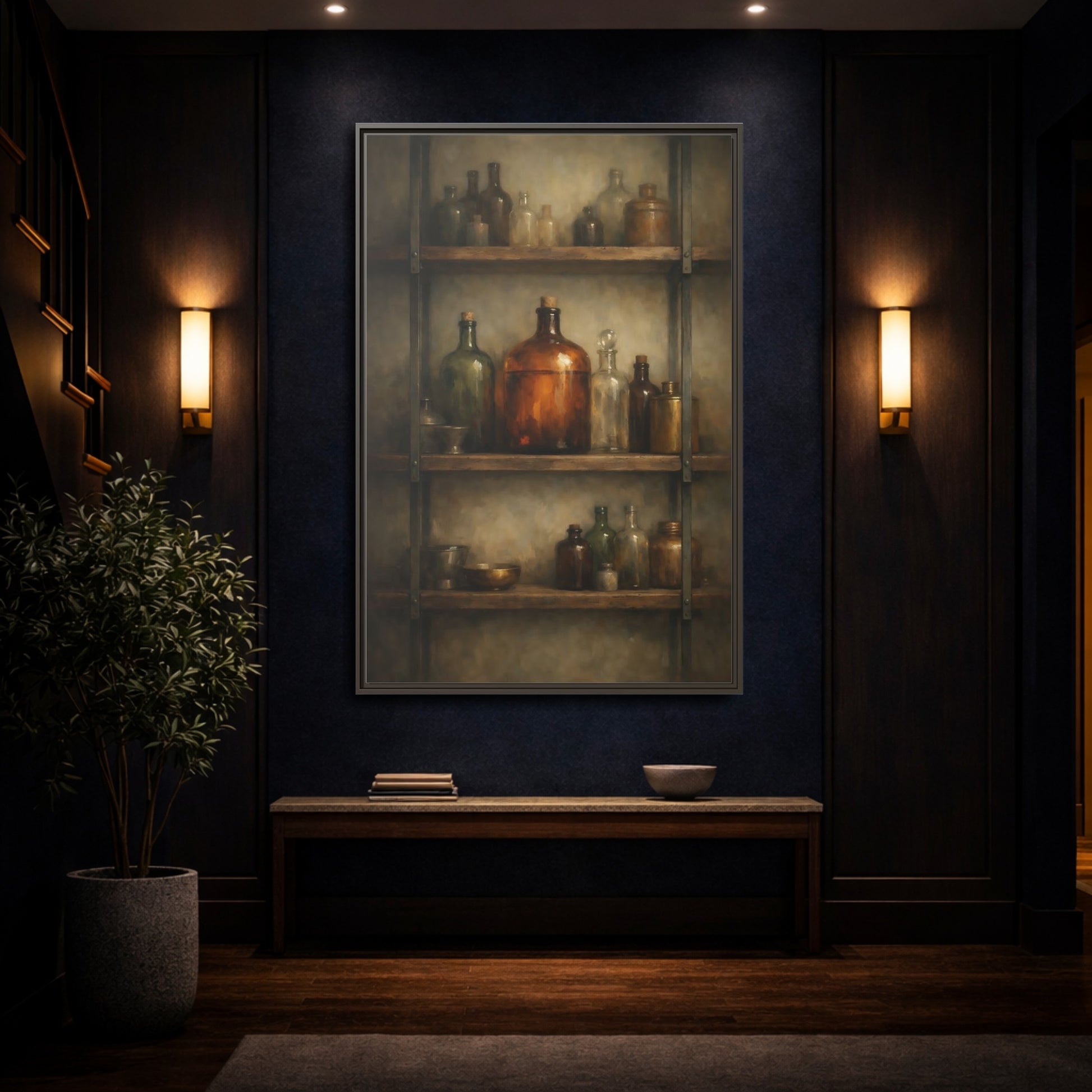 Mockup 3. Vintage Apothecary Jars Brown And Green shown as stretched canvas wall art
