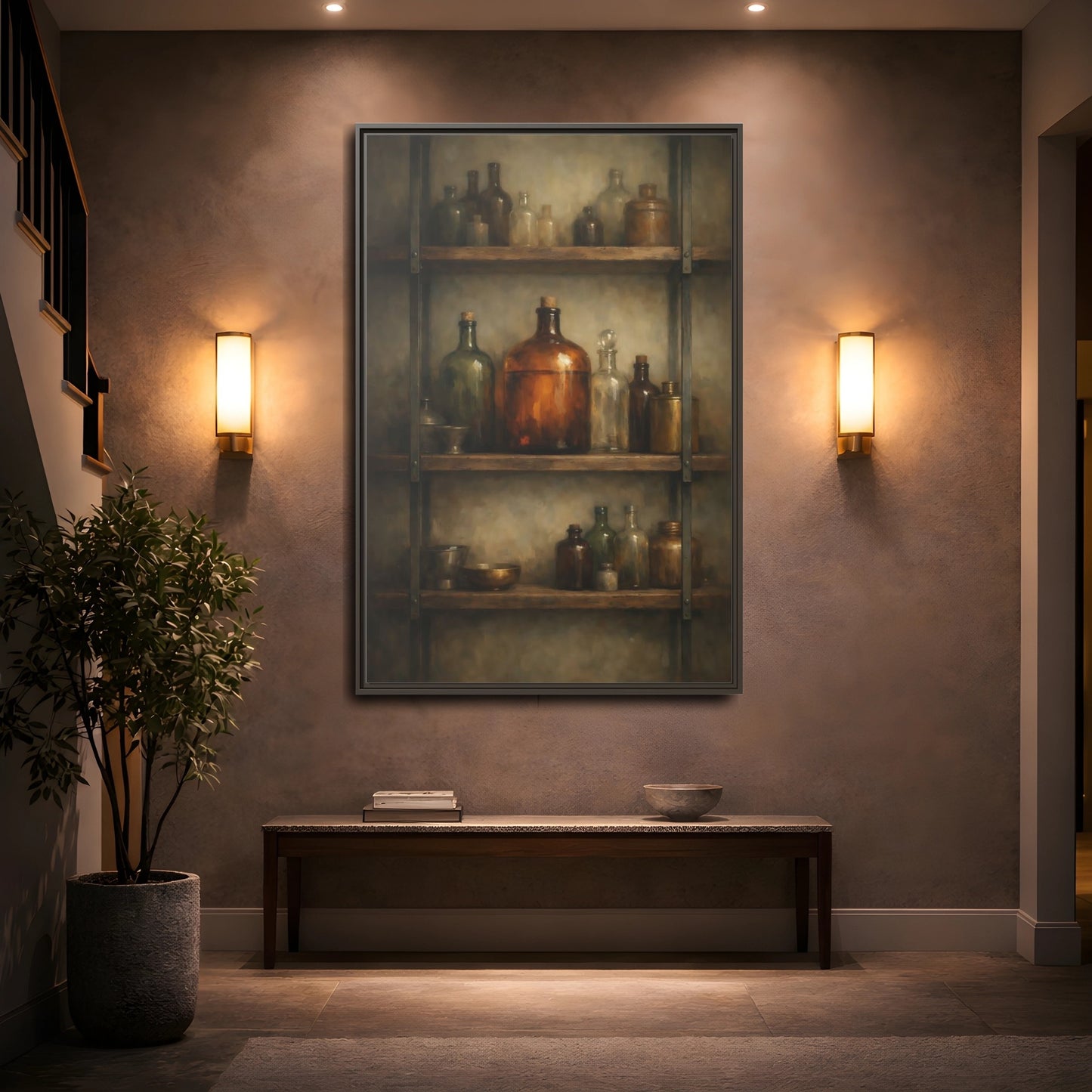 Mockup 4. Vintage Apothecary Jars Brown And Green shown as stretched canvas wall art