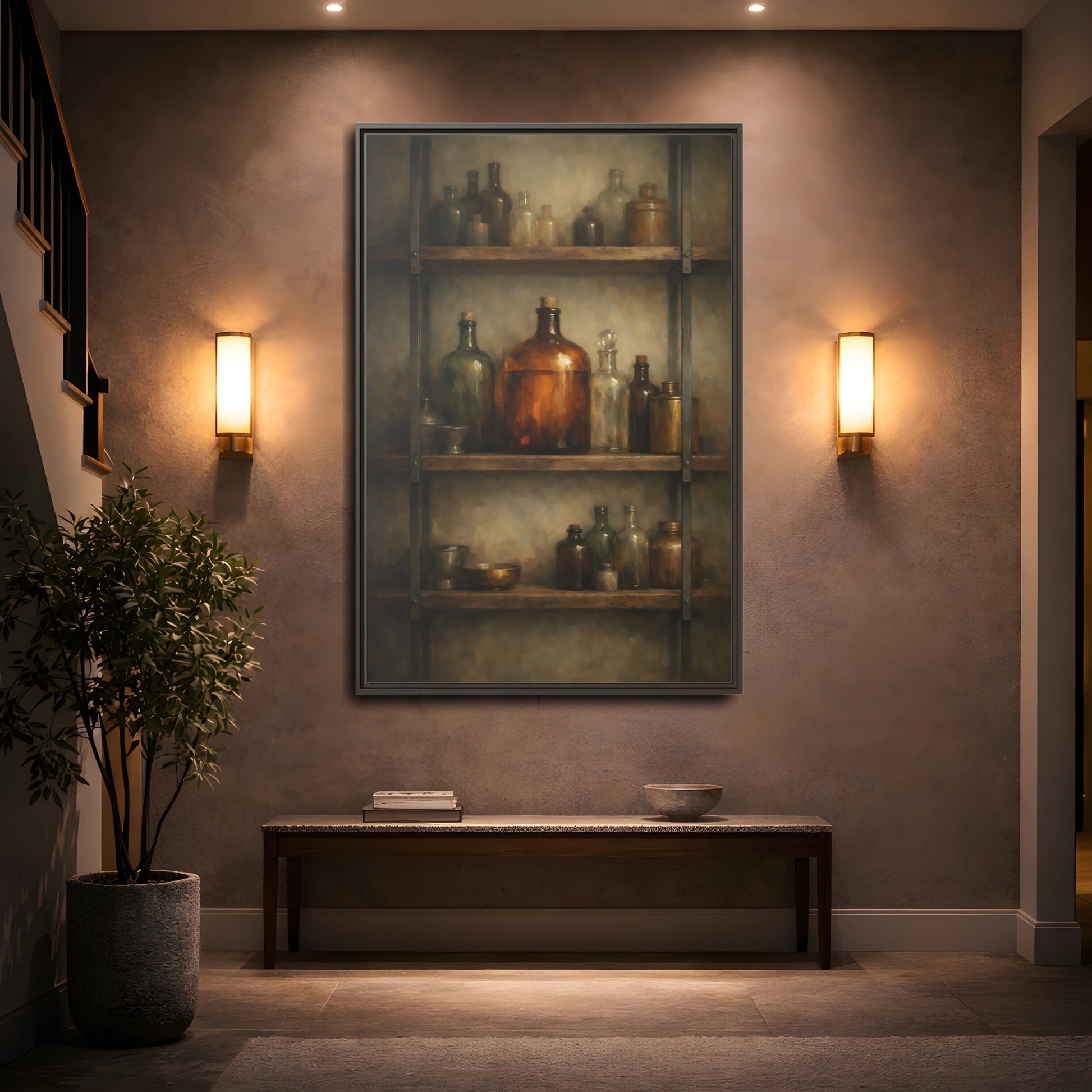 Mockup 4. Vintage Apothecary Jars Brown And Green shown as stretched canvas wall art