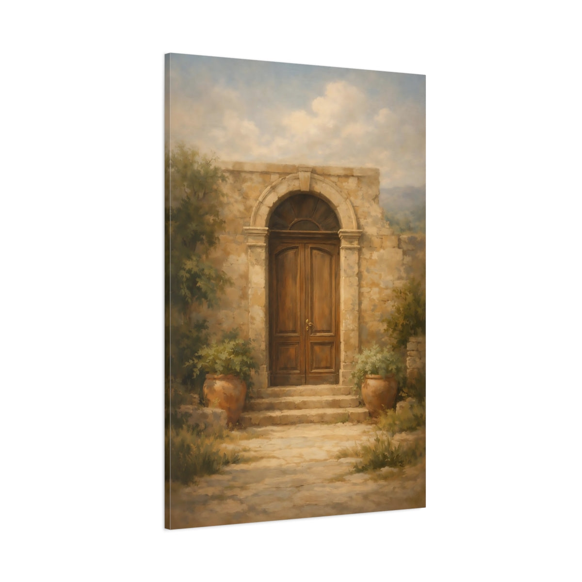 Main Mockup. Vintage Arched Door Brown And Stone shown as stretched canvas wall art