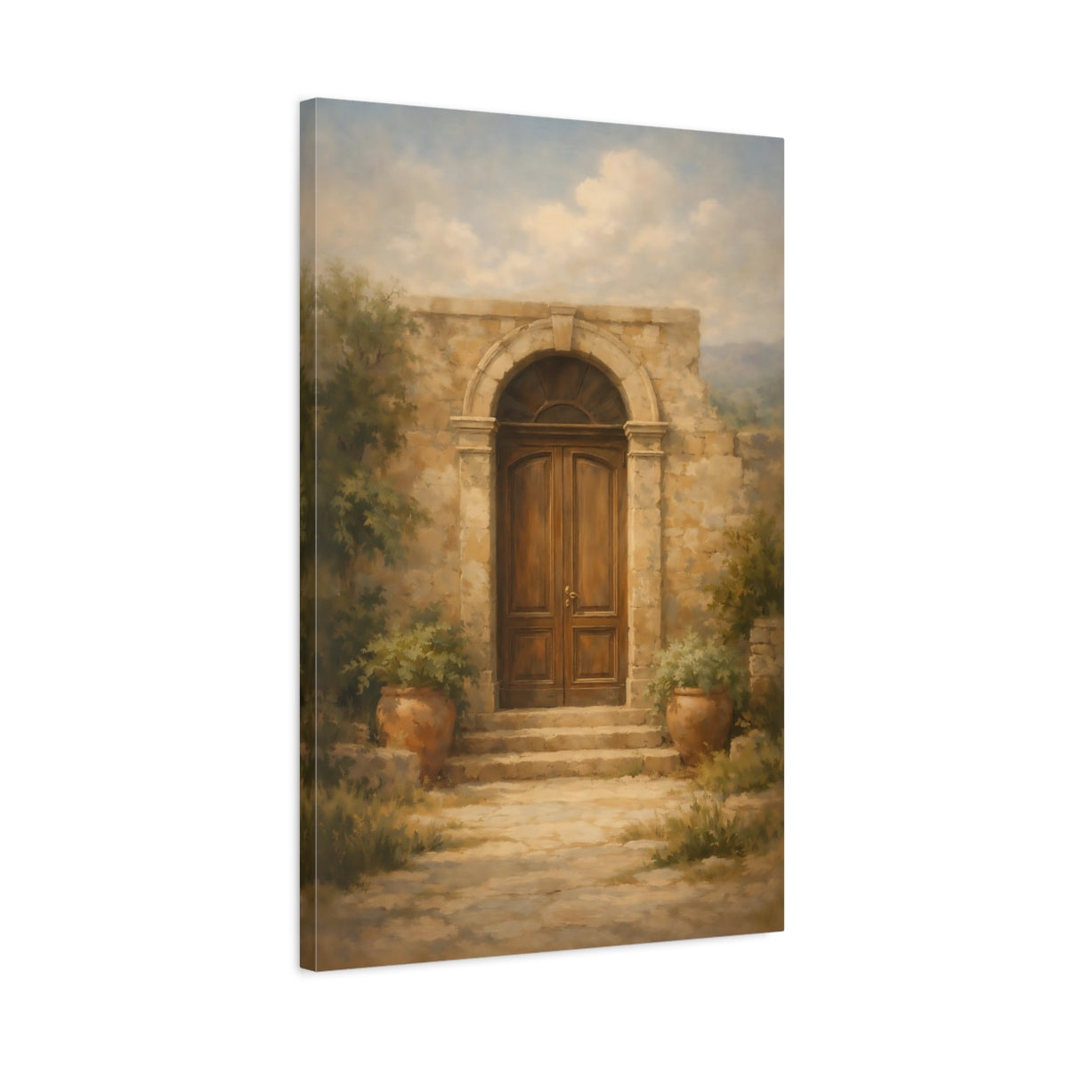 Side Mockup 2. Vintage Arched Door Brown And Stone shown as stretched canvas wall art