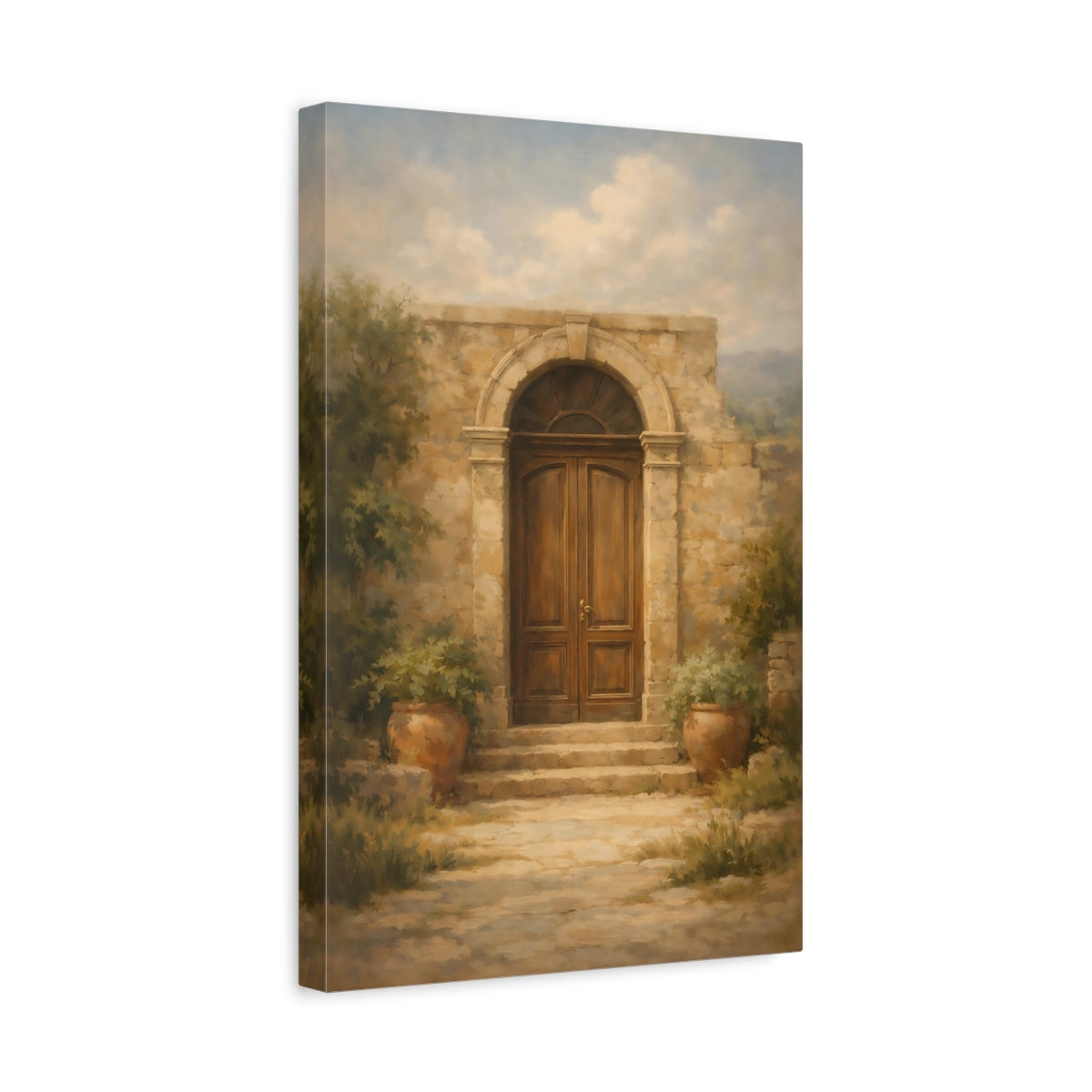 Side Mockup 4. Vintage Arched Door Brown And Stone shown as stretched canvas wall art
