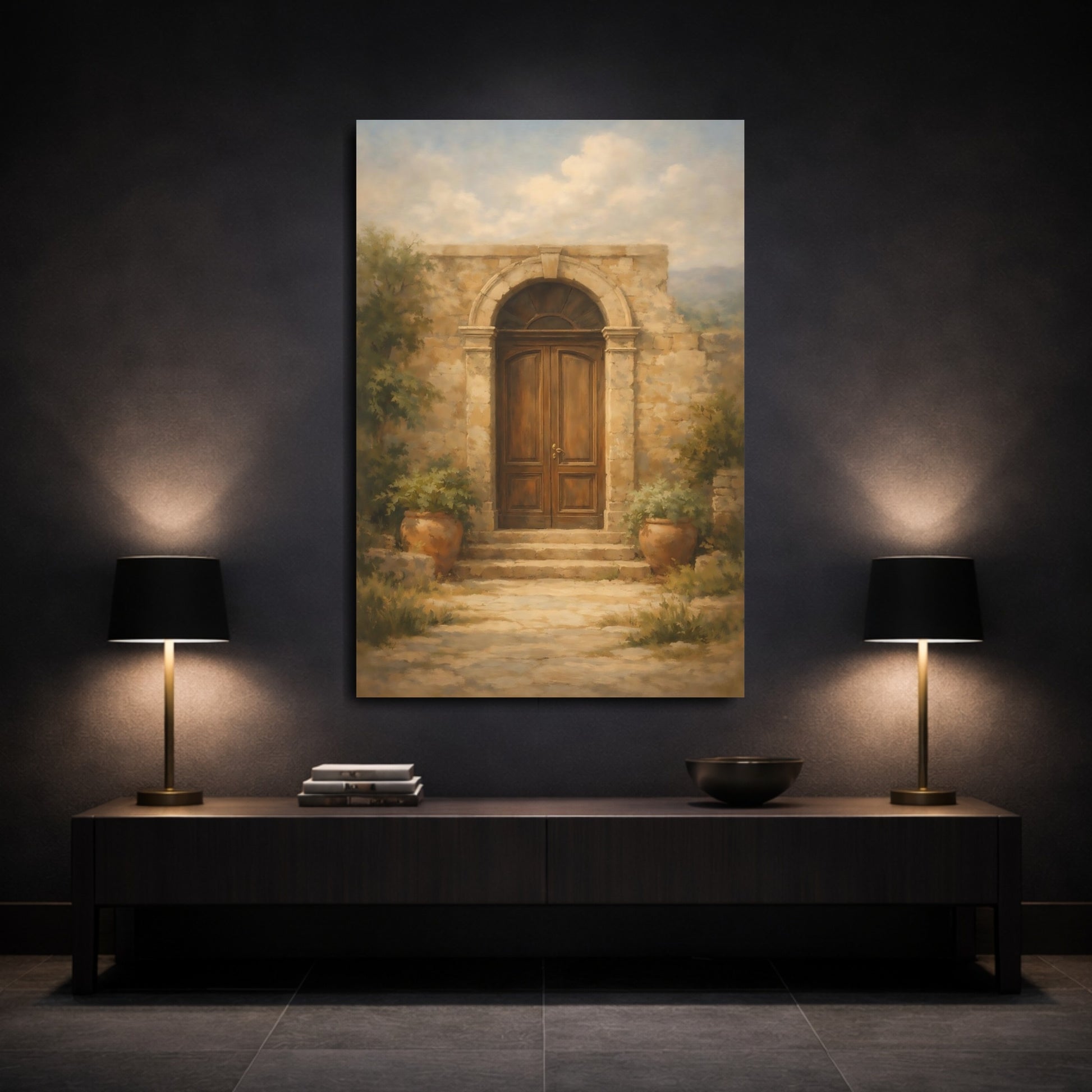 Mockup 2. Vintage Arched Door Brown And Stone shown as stretched canvas wall art