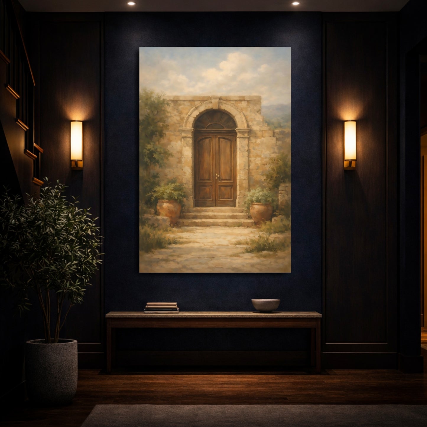 Mockup 3. Vintage Arched Door Brown And Stone shown as stretched canvas wall art