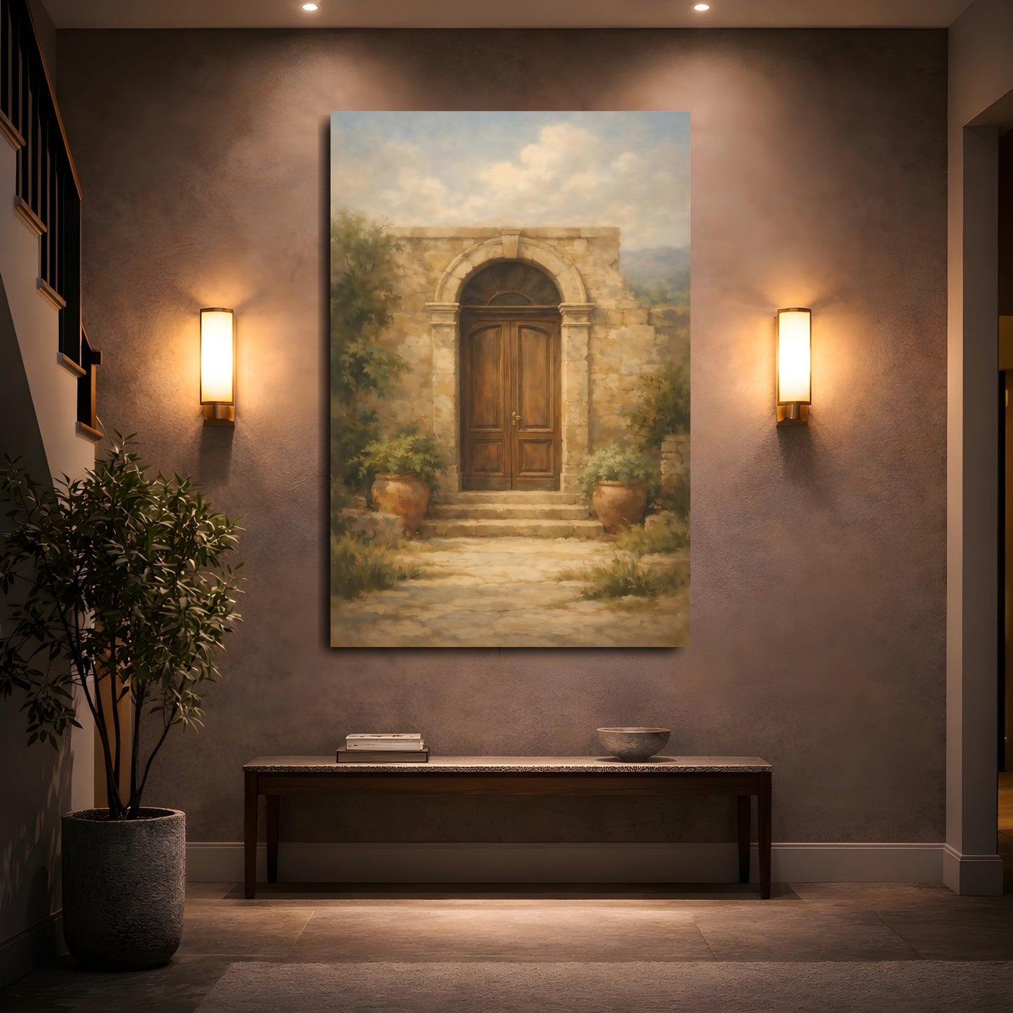 Mockup 4. Vintage Arched Door Brown And Stone shown as stretched canvas wall art