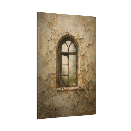 Main Mockup. Vintage Arched Window Brown Beige Wall shown as stretched canvas wall art
