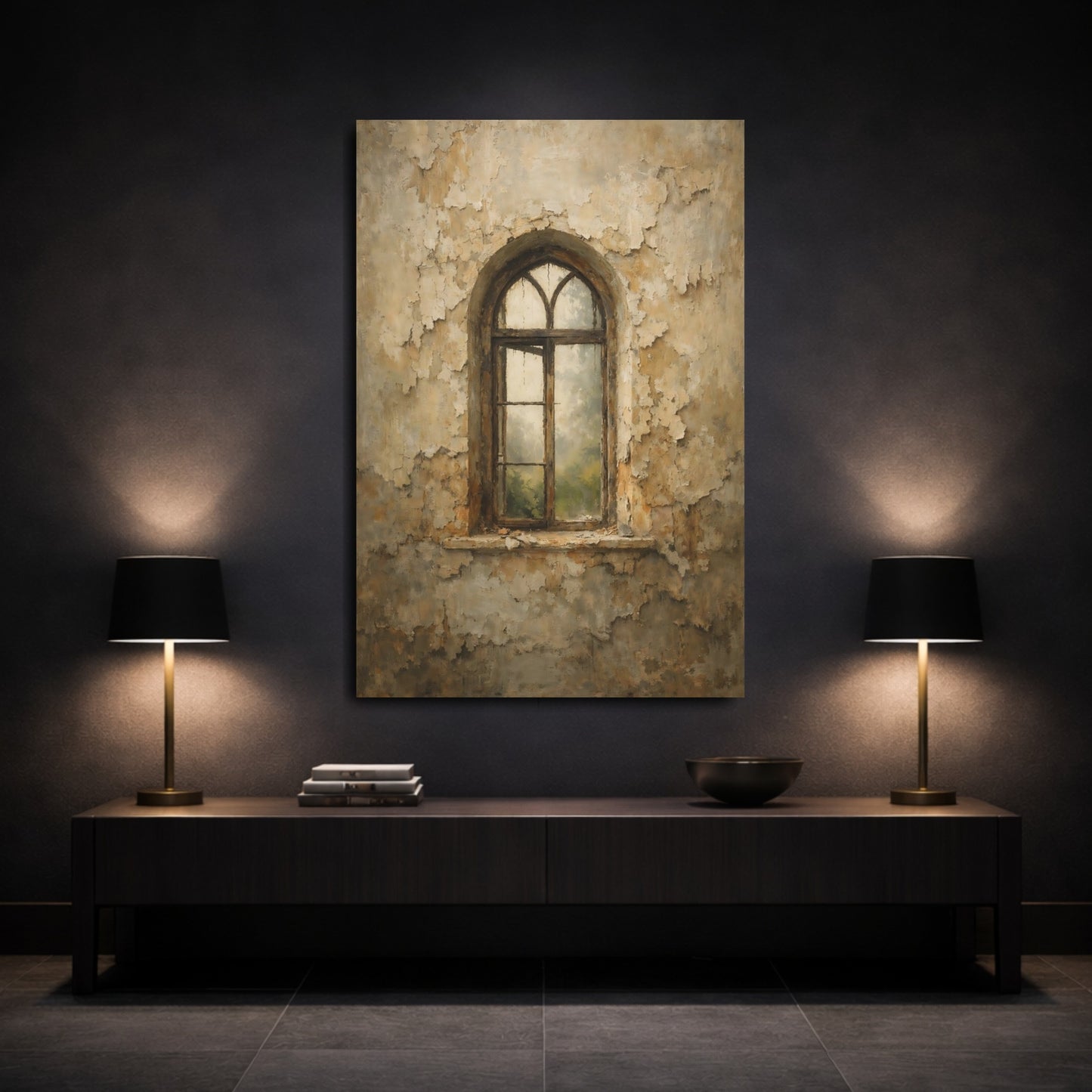 Mockup 2. Vintage Arched Window Brown Beige Wall shown as stretched canvas wall art