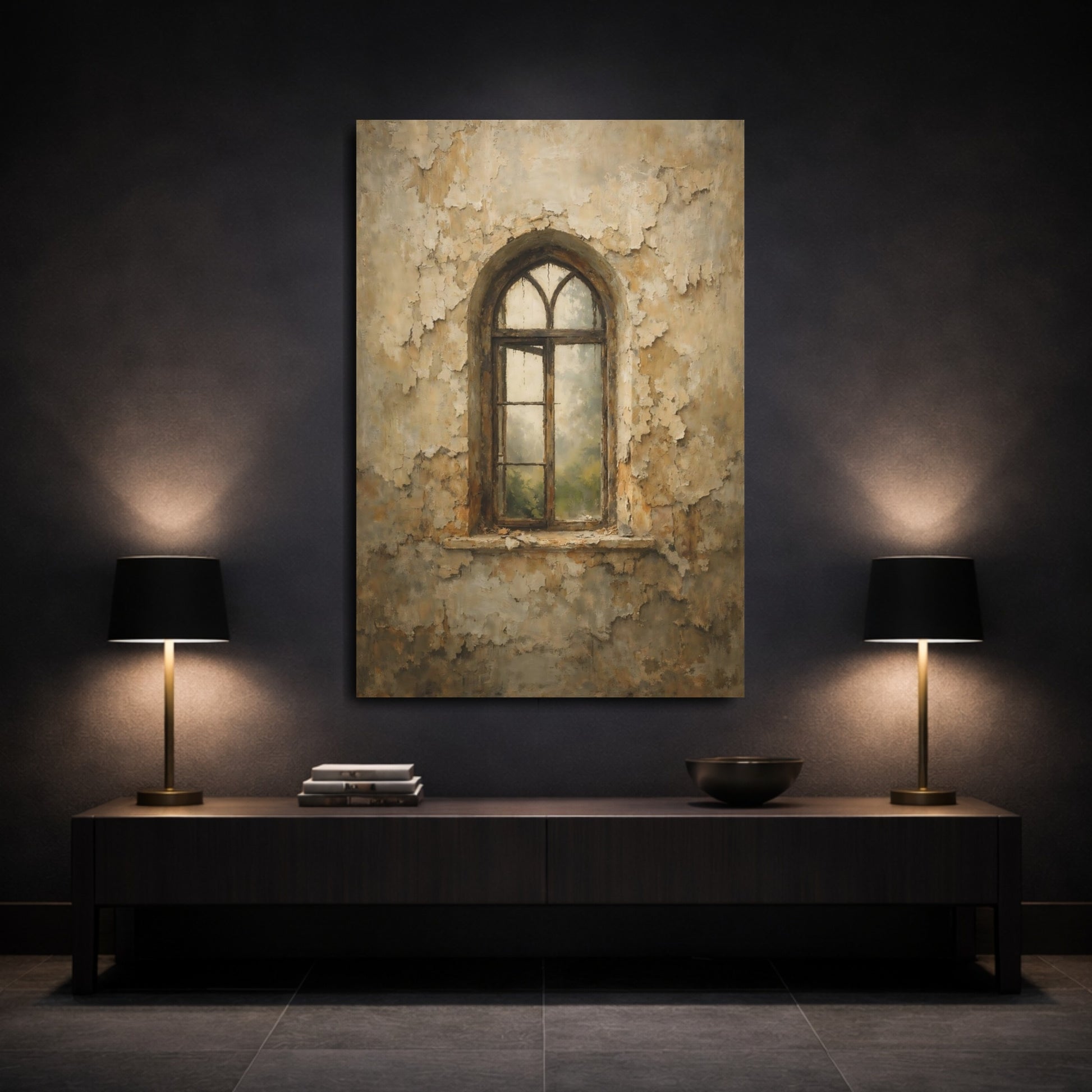 Mockup 2. Vintage Arched Window Brown Beige Wall shown as stretched canvas wall art