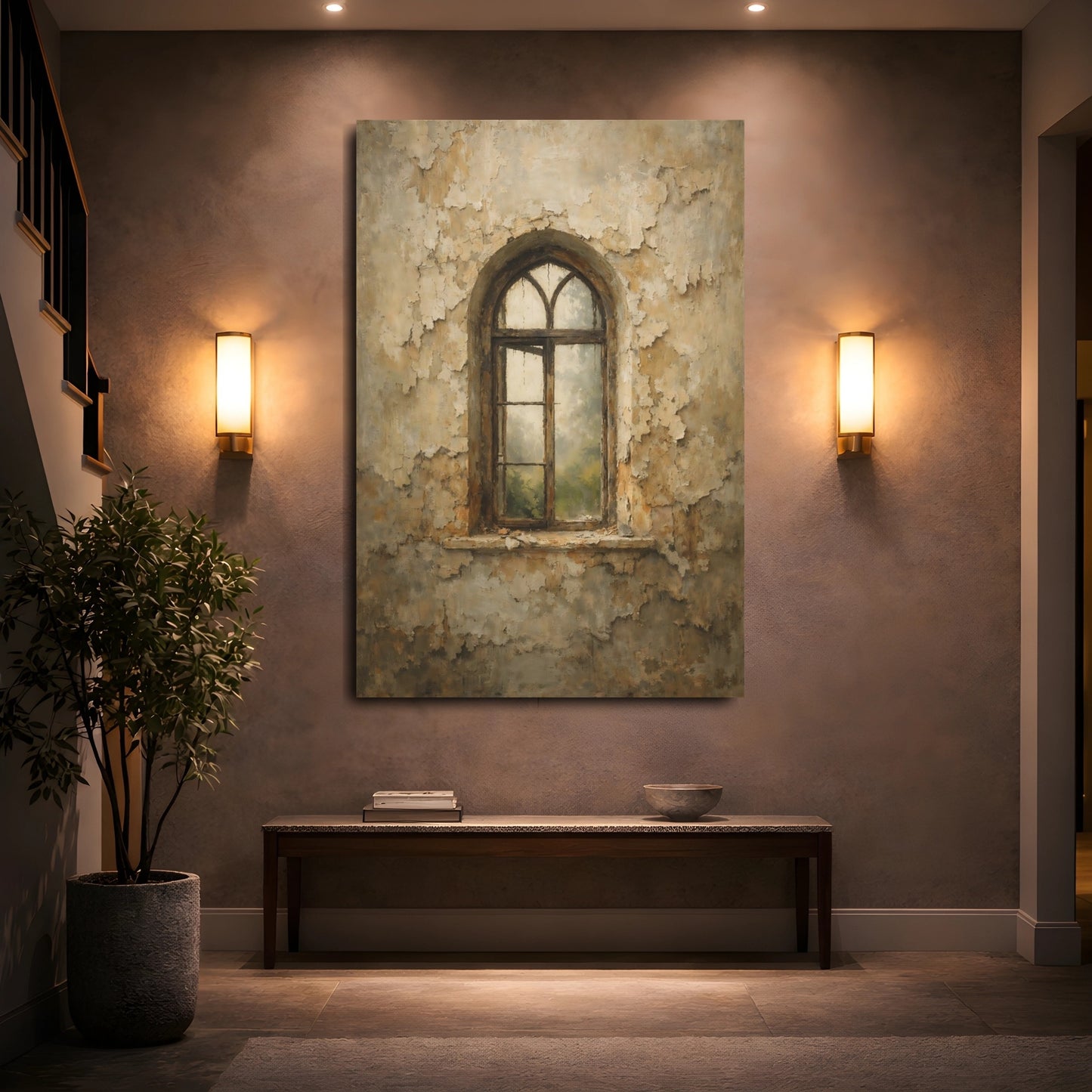 Mockup 4. Vintage Arched Window Brown Beige Wall shown as stretched canvas wall art