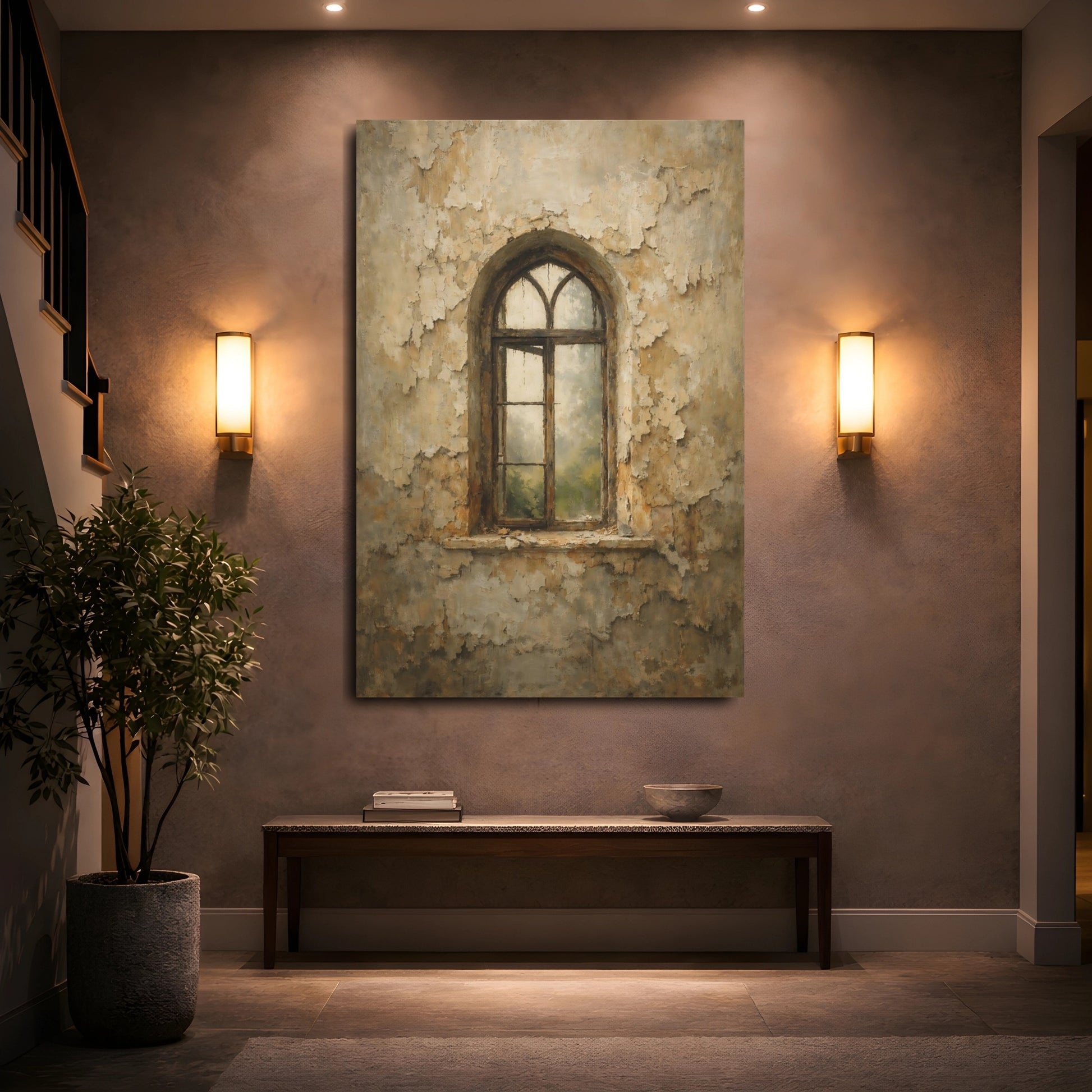 Mockup 4. Vintage Arched Window Brown Beige Wall shown as stretched canvas wall art