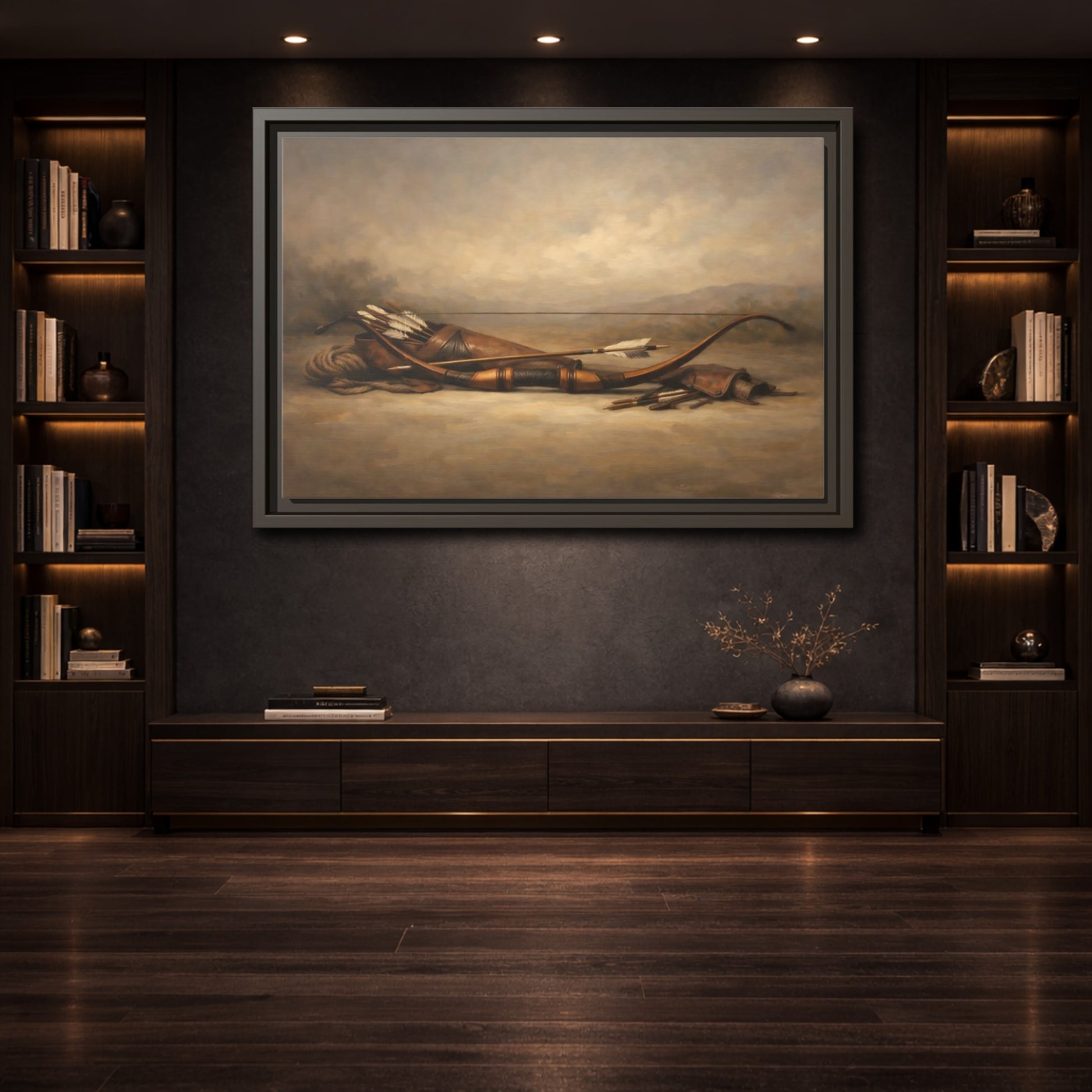 Mockup 3. Vintage Archery Gear Brown Archery Gear shown as stretched canvas wall art