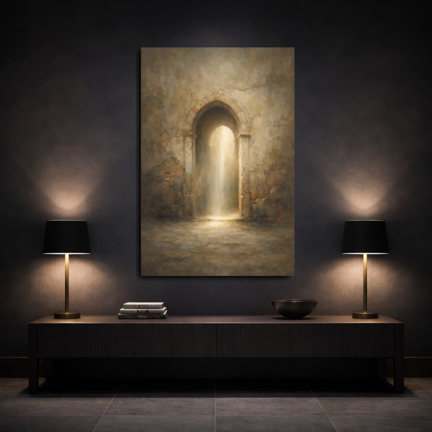 Mockup 2. Vintage Archway Brown And Gold shown as stretched canvas wall art