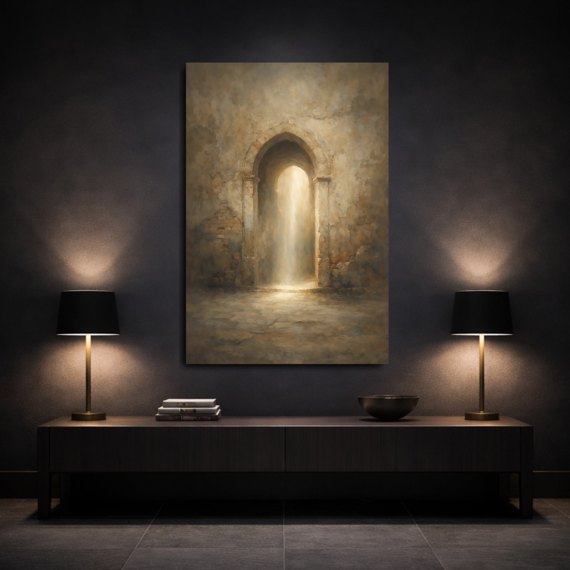Mockup 2. Vintage Archway Brown And Gold shown as stretched canvas wall art