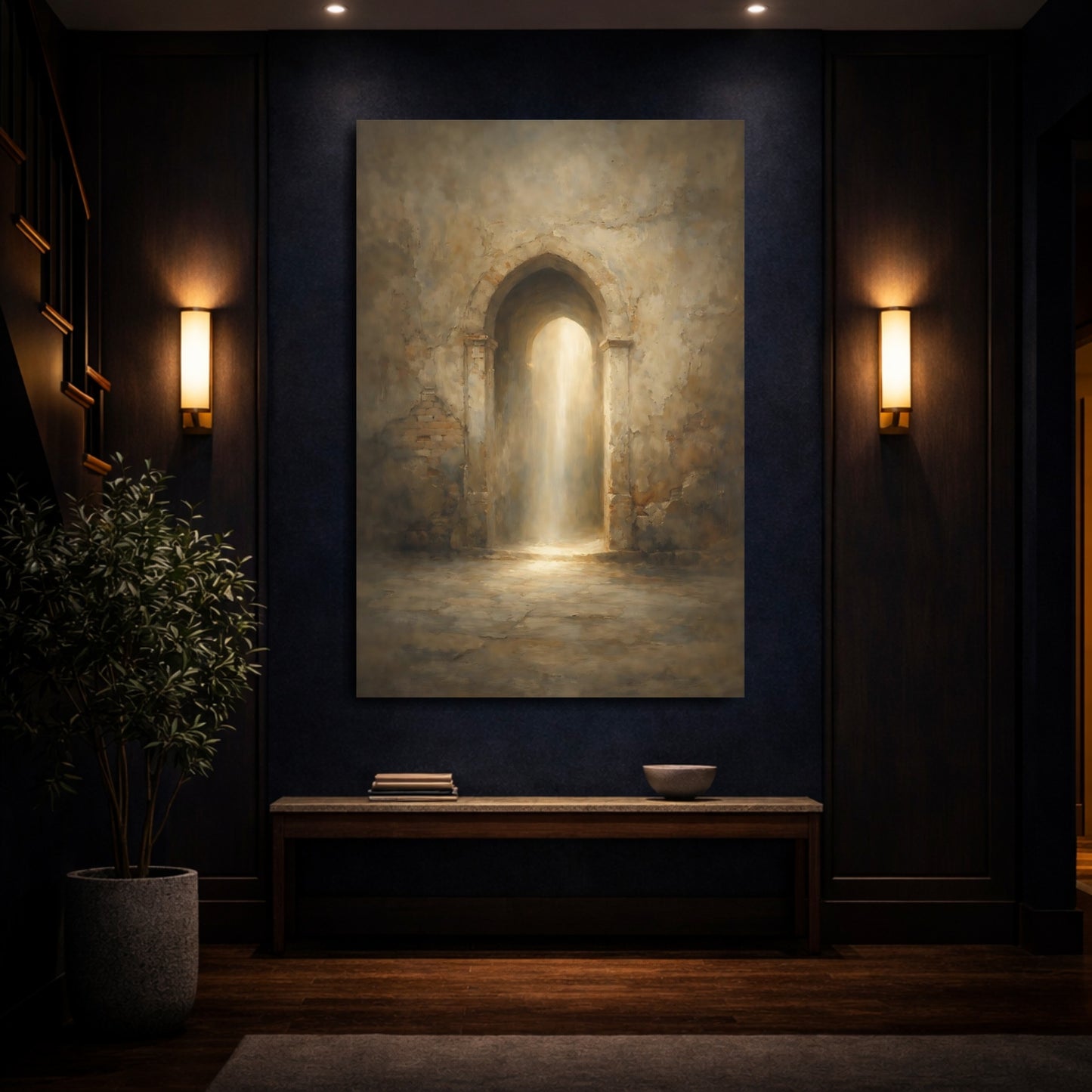 Mockup 3. Vintage Archway Brown And Gold shown as stretched canvas wall art