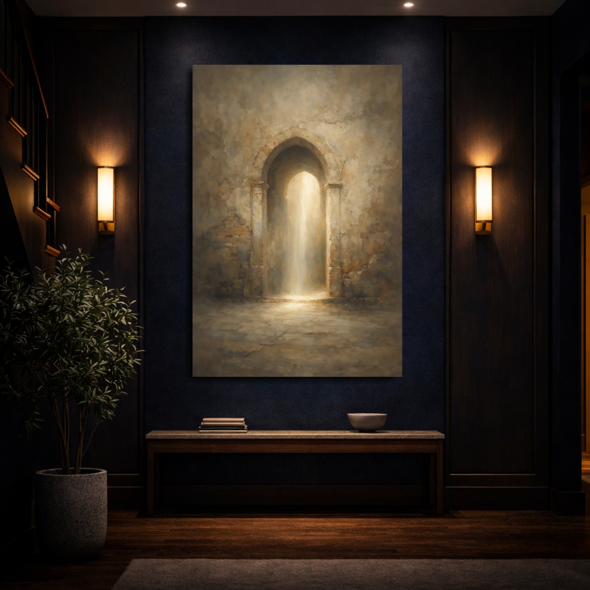 Mockup 3. Vintage Archway Brown And Gold shown as stretched canvas wall art