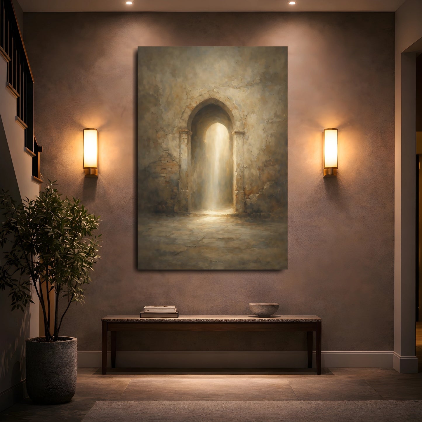 Mockup 4. Vintage Archway Brown And Gold shown as stretched canvas wall art
