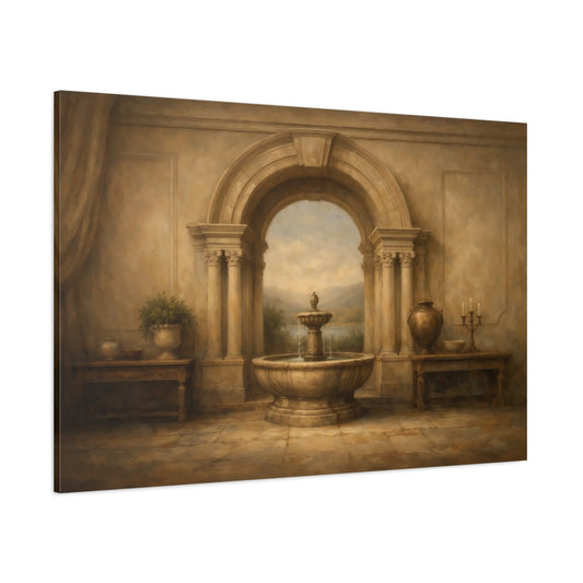 Main Mockup. Vintage Archway Fountain Brown And Beige shown as stretched canvas wall art
