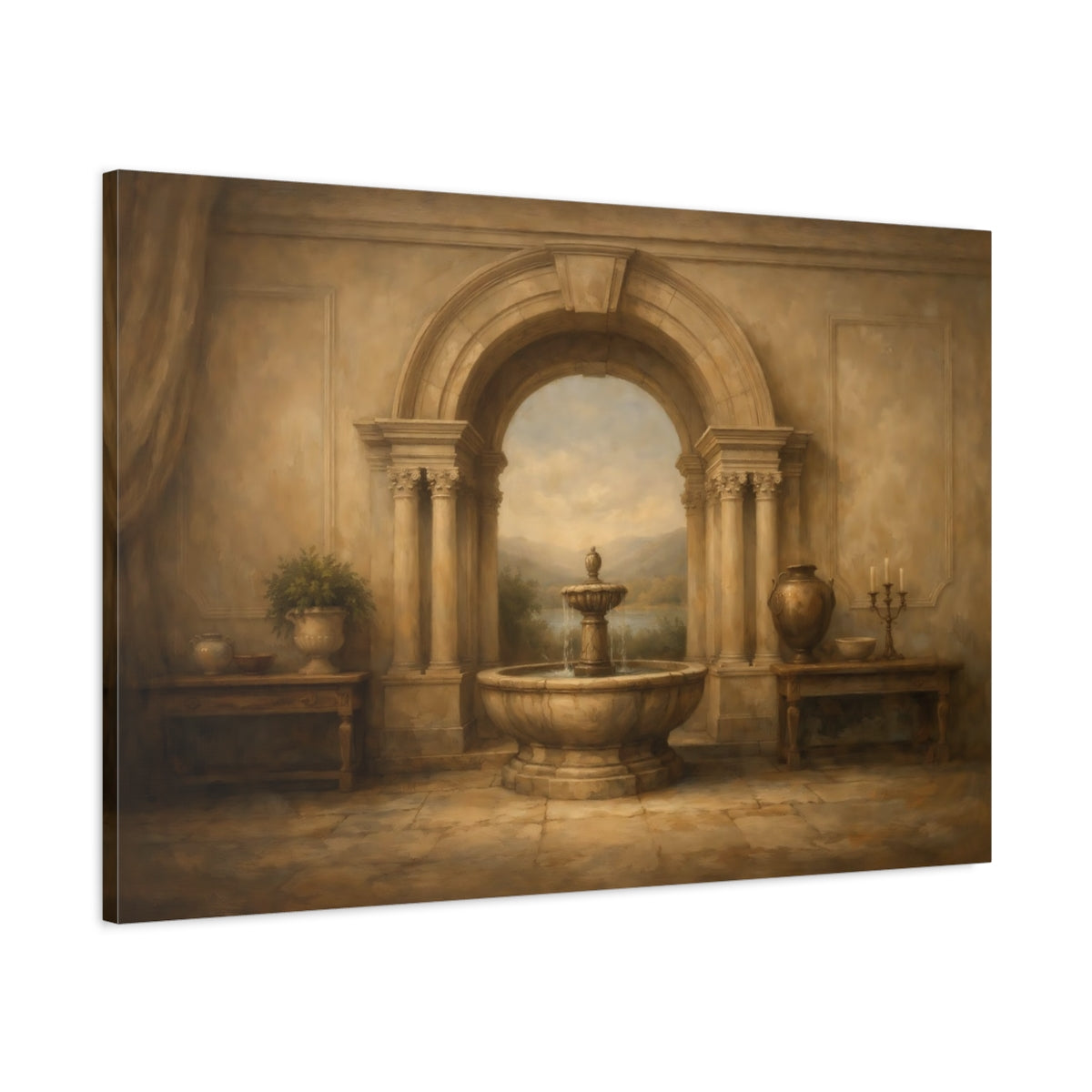 Side Mockup 1. Vintage Archway Fountain Brown And Beige shown as stretched canvas wall art