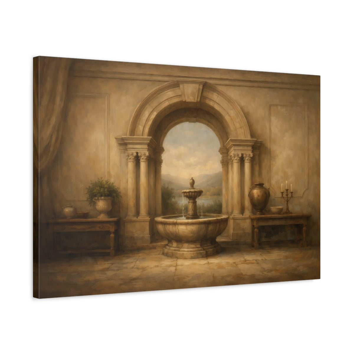 Side Mockup 2. Vintage Archway Fountain Brown And Beige shown as stretched canvas wall art