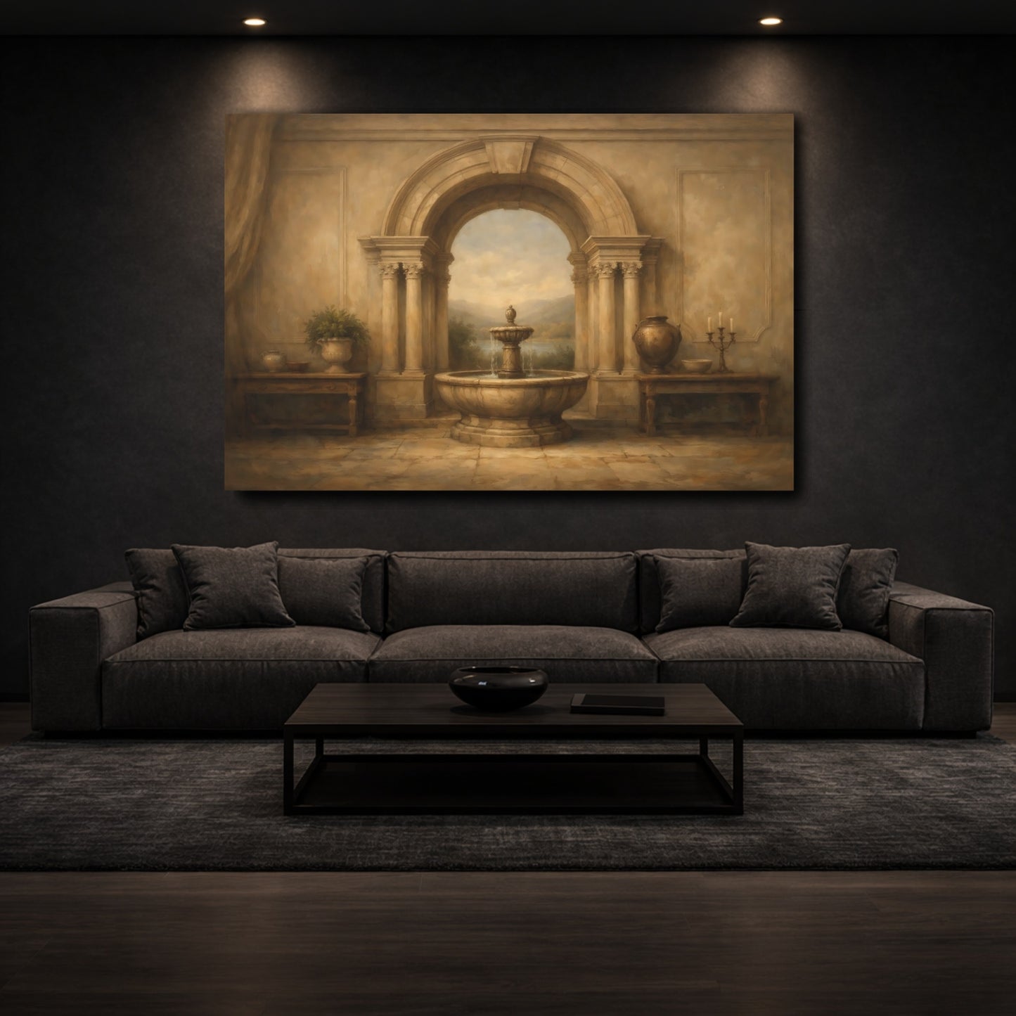 Mockup 2. Vintage Archway Fountain Brown And Beige shown as stretched canvas wall art