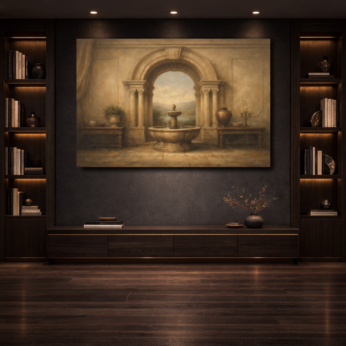 Mockup 3. Vintage Archway Fountain Brown And Beige shown as stretched canvas wall art
