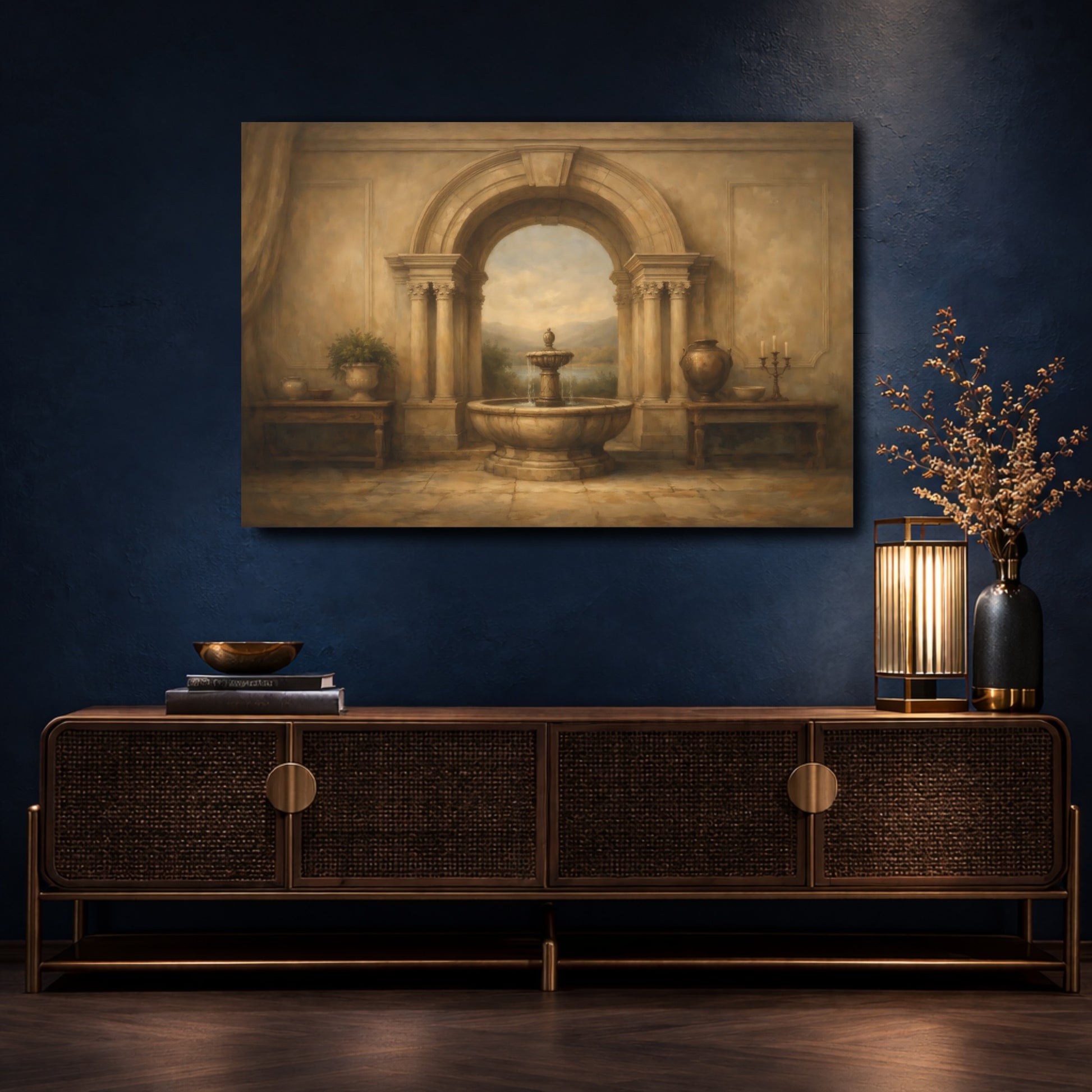Mockup 4. Vintage Archway Fountain Brown And Beige shown as stretched canvas wall art