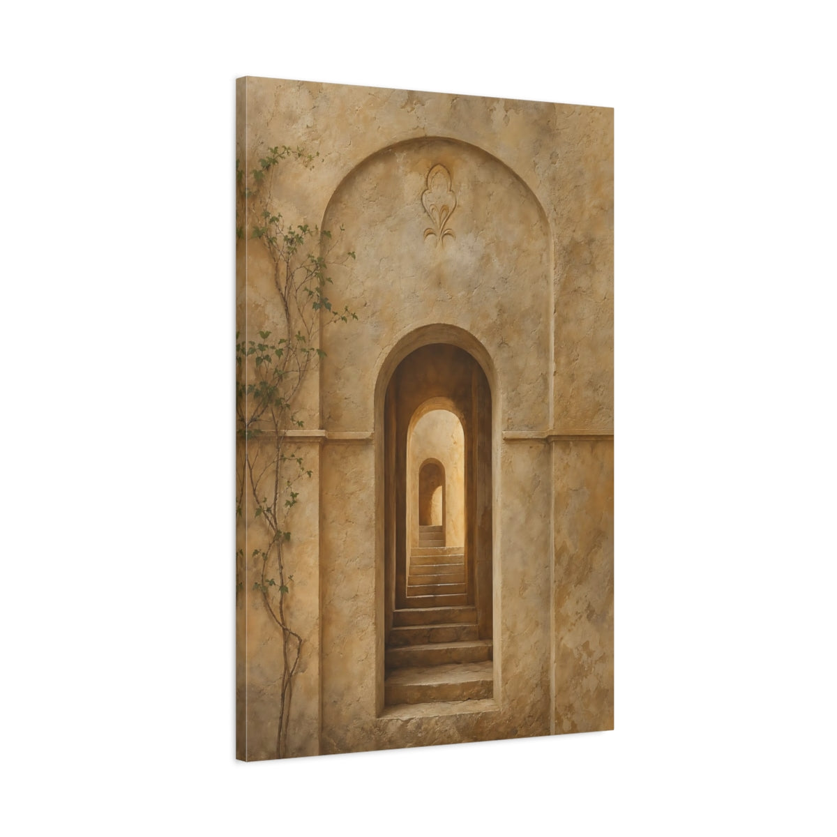 Main Mockup. Vintage Archway Stairs Beige Stone shown as stretched canvas wall art