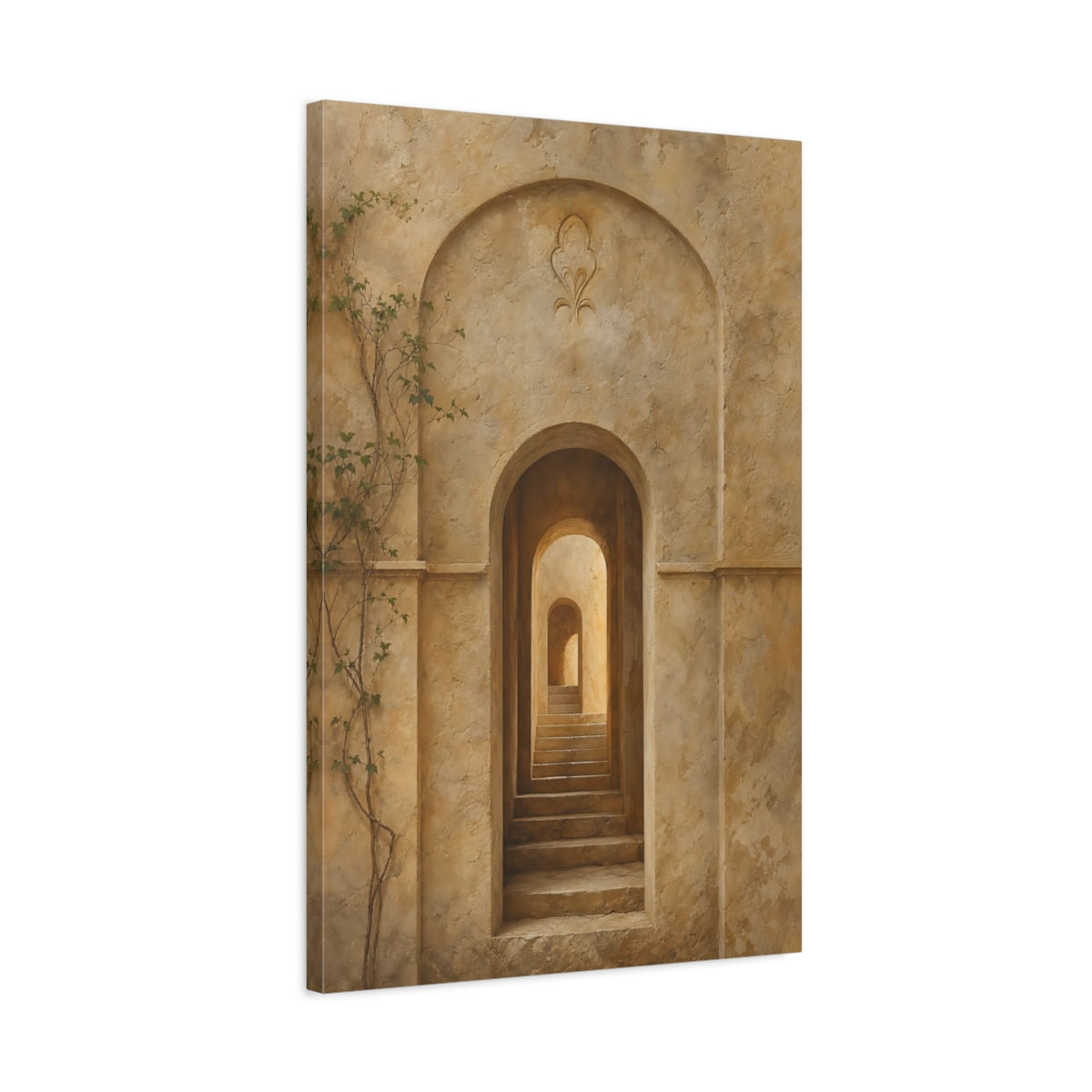 Side Mockup 2. Vintage Archway Stairs Beige Stone shown as stretched canvas wall art