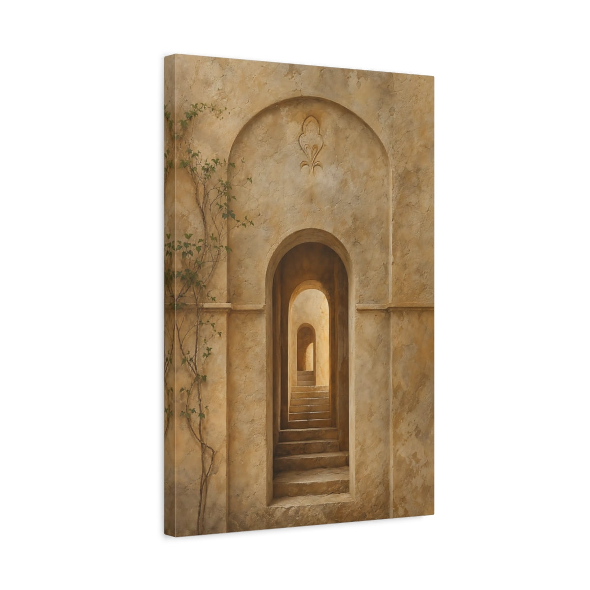 Side Mockup 3. Vintage Archway Stairs Beige Stone shown as stretched canvas wall art