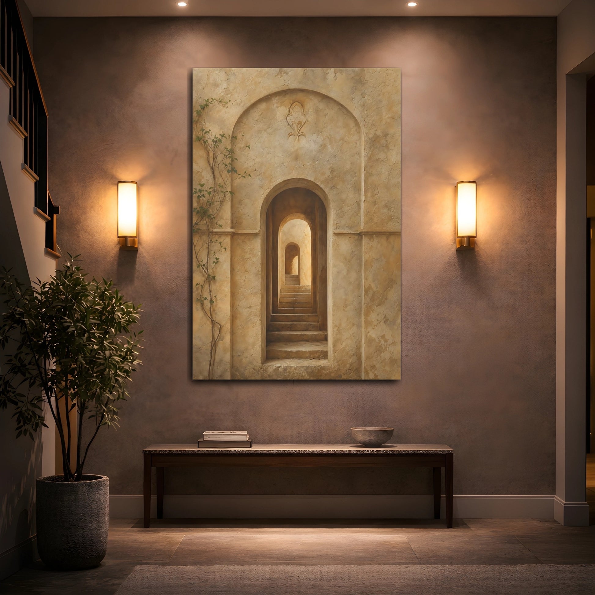 Mockup 2. Vintage Archway Stairs Beige Stone shown as stretched canvas wall art