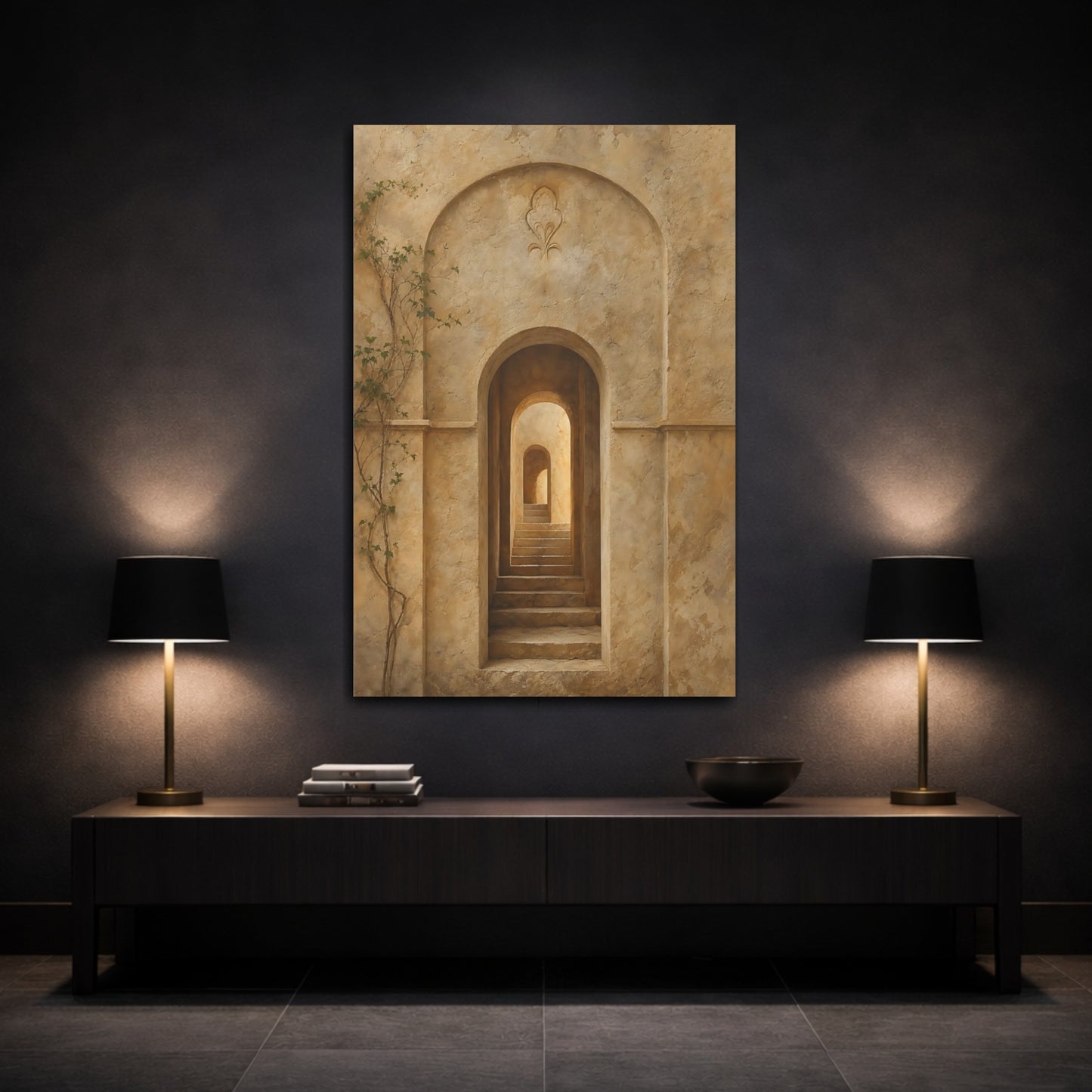 Mockup 3. Vintage Archway Stairs Beige Stone shown as stretched canvas wall art