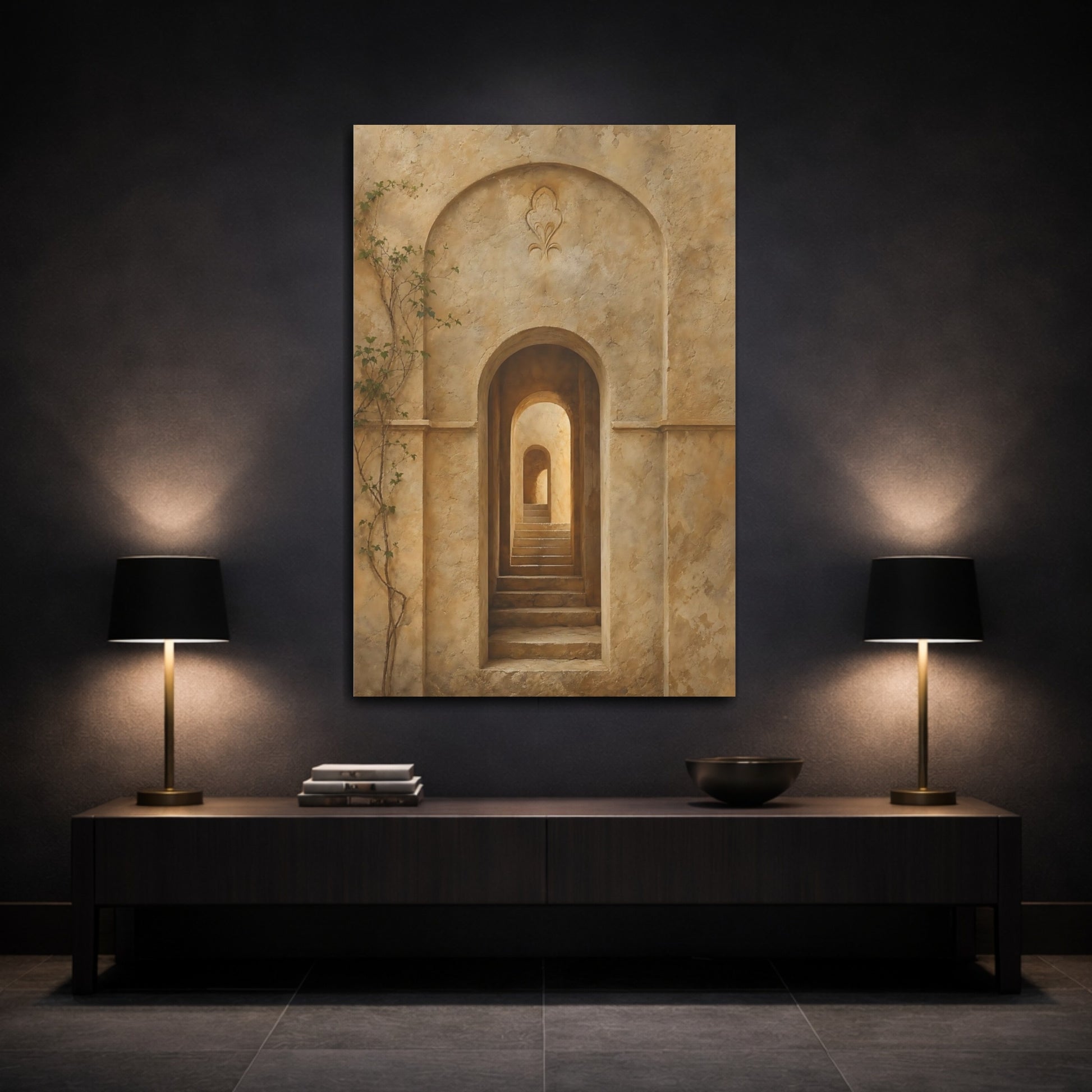 Mockup 3. Vintage Archway Stairs Beige Stone shown as stretched canvas wall art